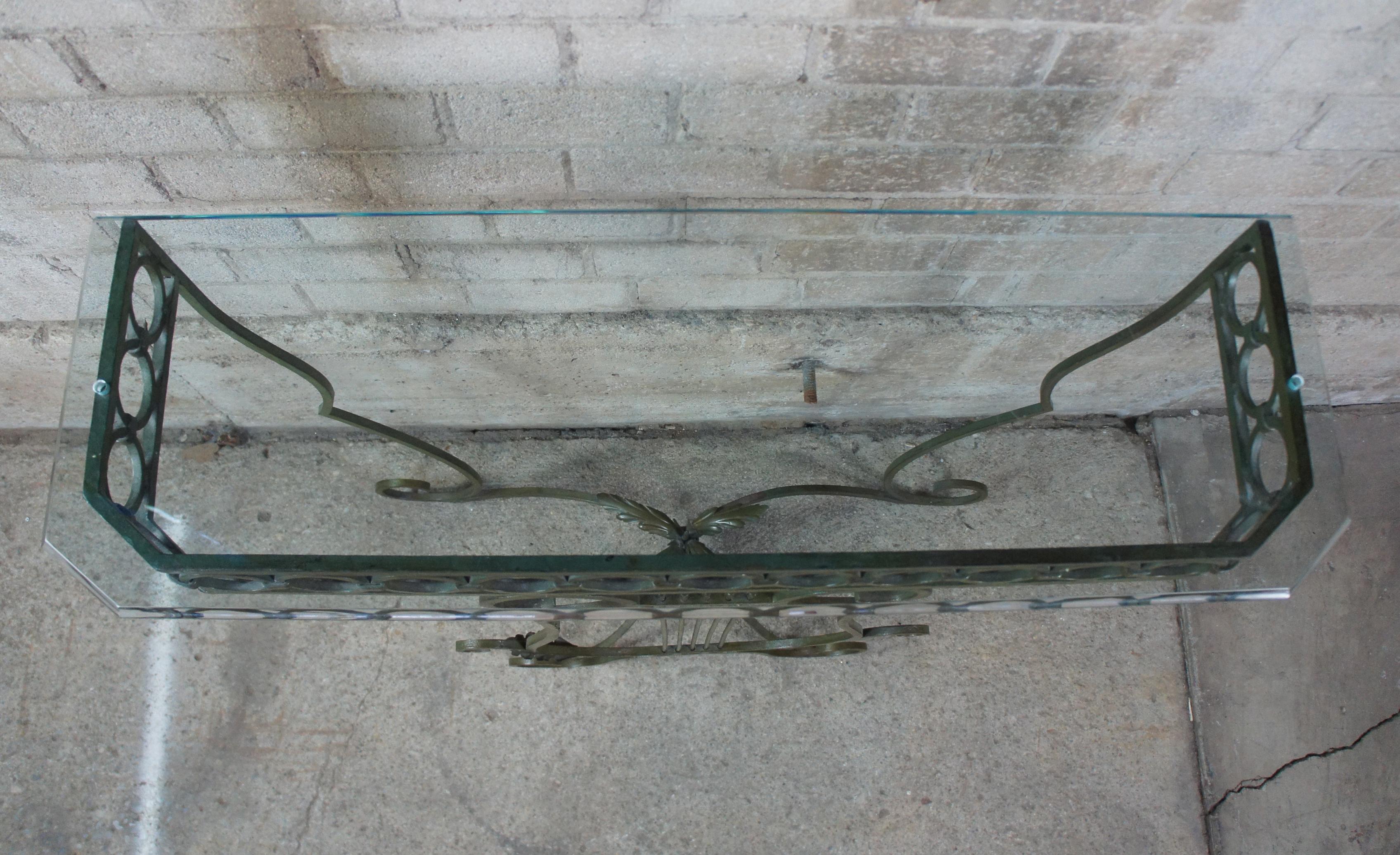 Vintage Neoclassical Harpe Front Wrought Iron and Glass Side Entry Console Table In Good Condition In Dayton, OH