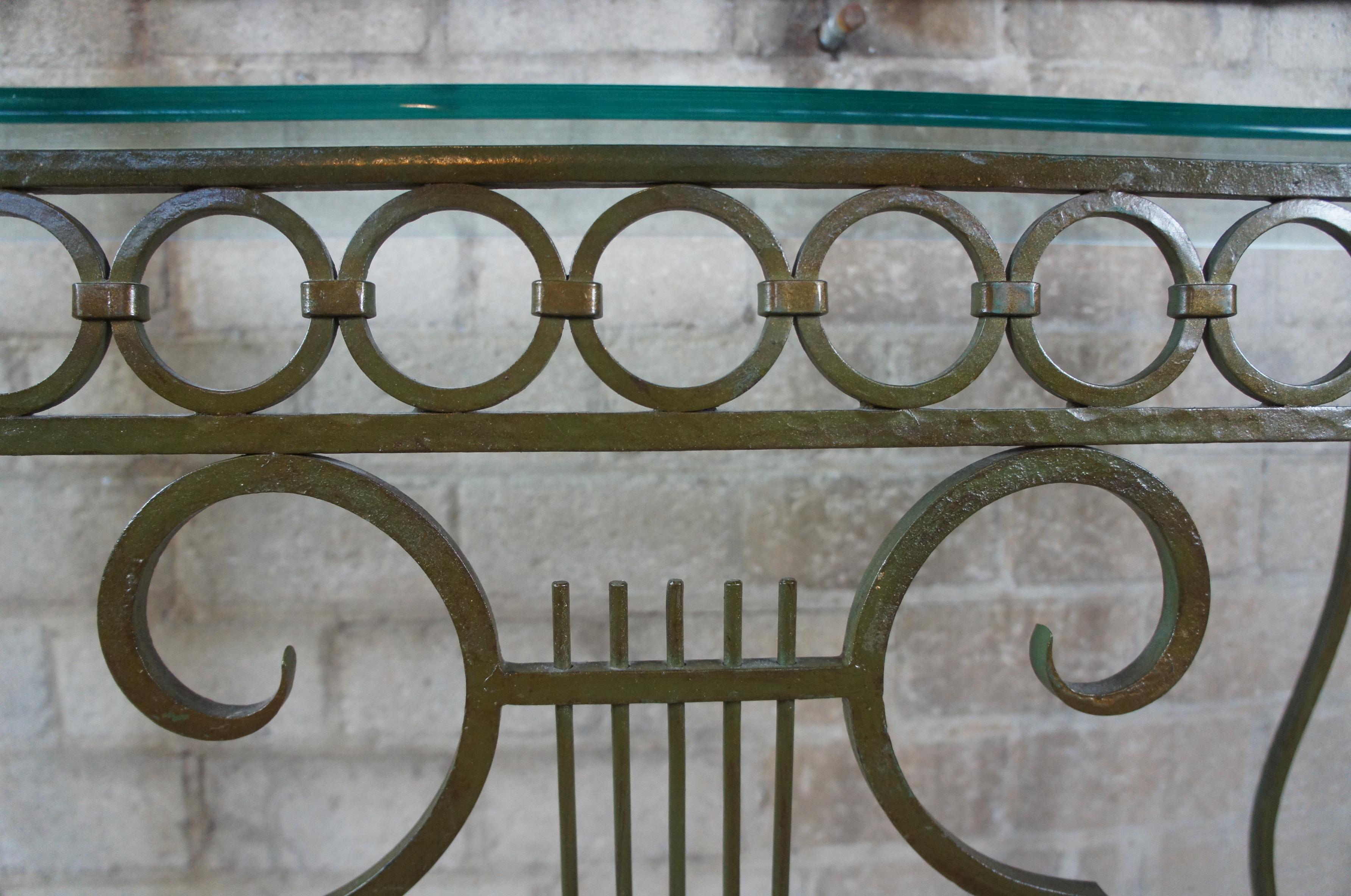 20th Century Vintage Neoclassical Harpe Front Wrought Iron and Glass Side Entry Console Table