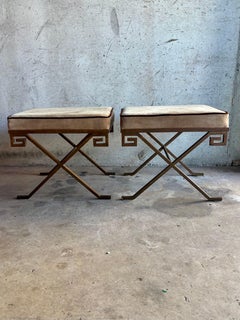 Vintage Neoclassical Iron Greek Key X-Base Benches - Manner of Jean-Michel Frank