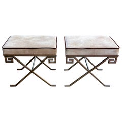 Vintage Neoclassical Iron Greek Key X-Base Benches - Manner of Jean-Michel Frank