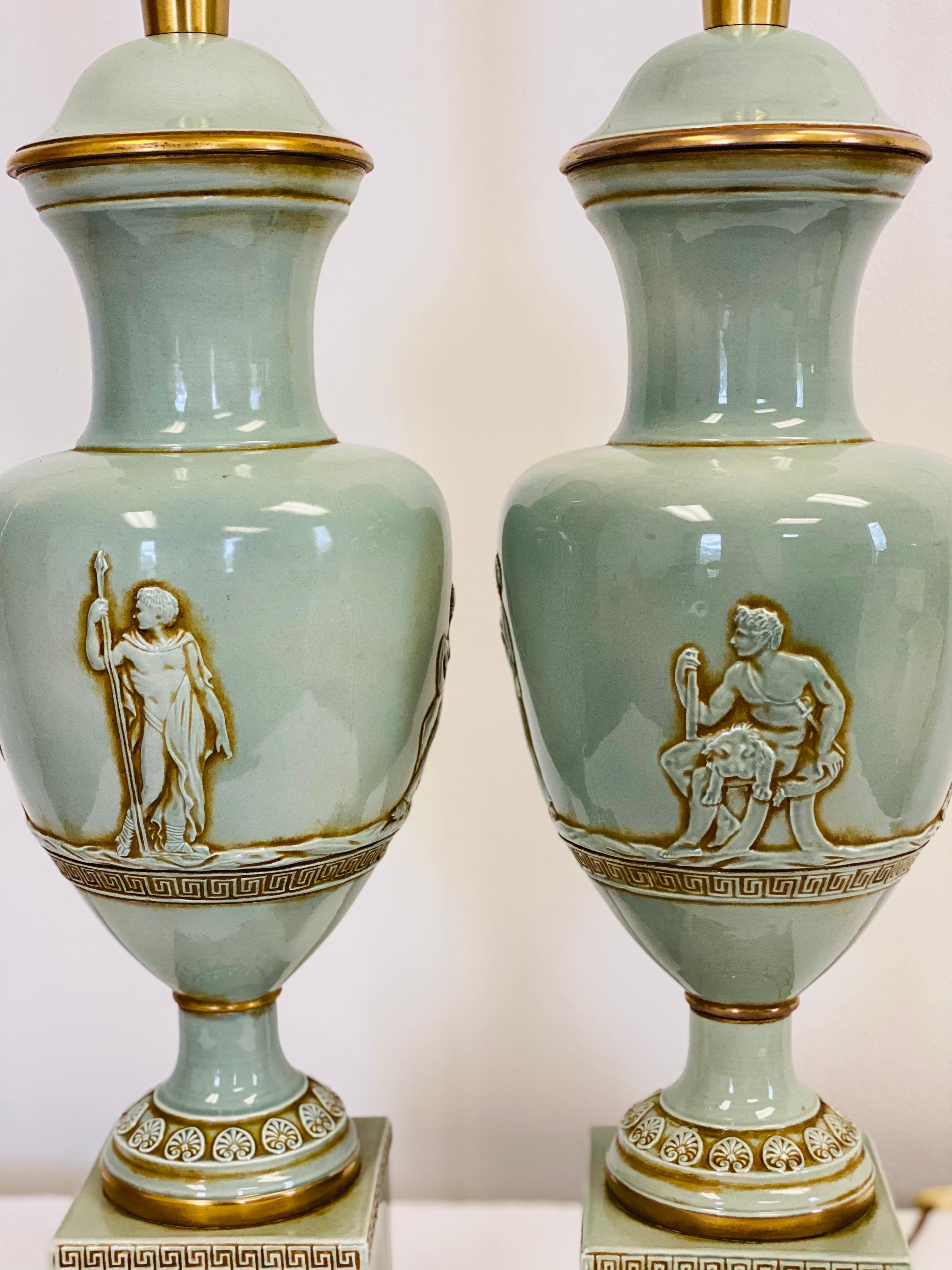 Unknown Vintage Neoclassical Marbro Sage Urn Table Lamps, a Pair