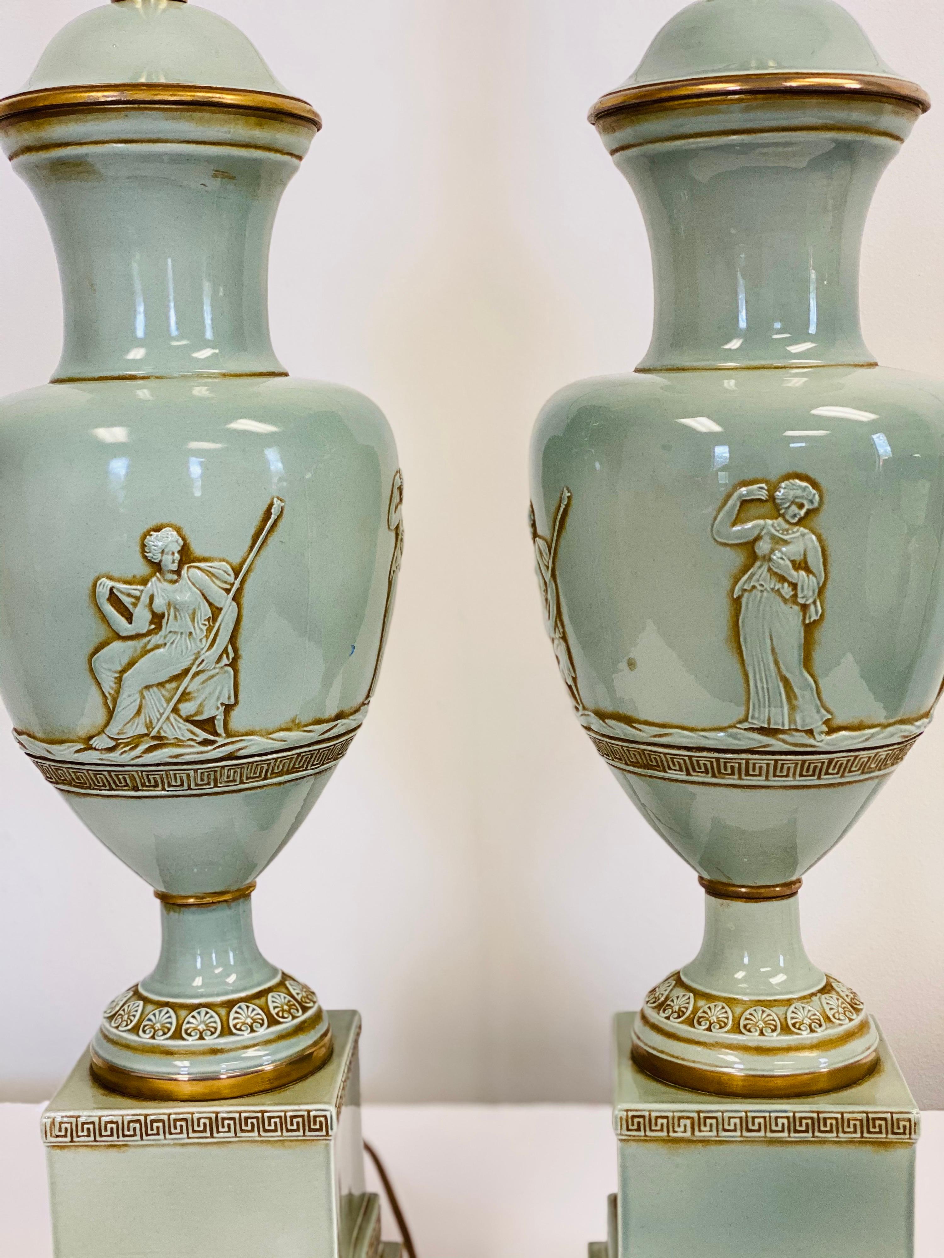 Vintage Neoclassical Marbro Sage Urn Table Lamps, a Pair In Good Condition In Farmington Hills, MI