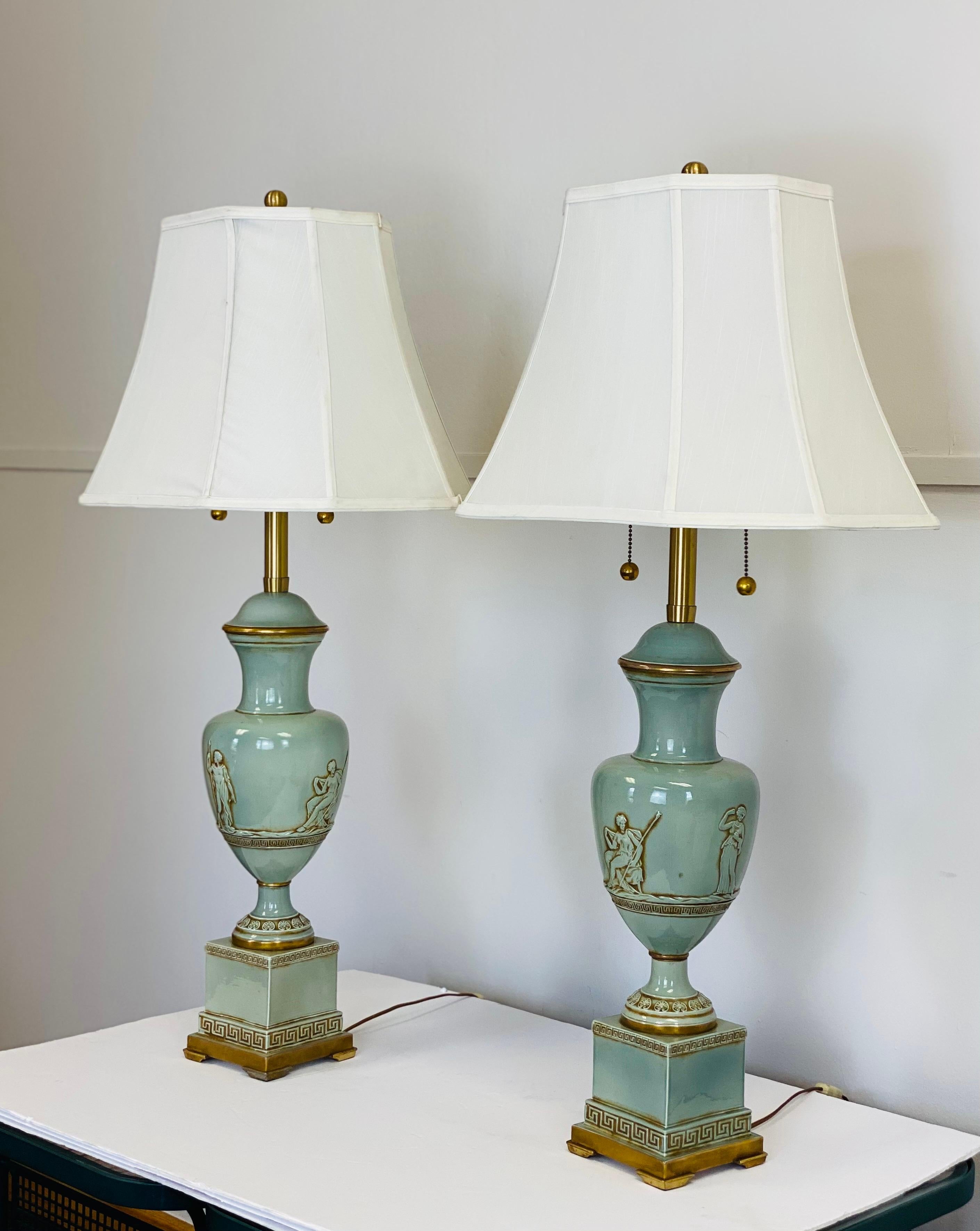 Vintage Neoclassical Marbro Sage Urn Table Lamps, a Pair 1