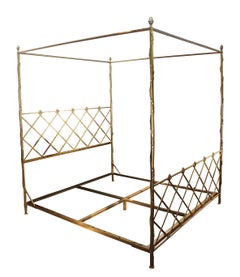 Vintage Neoclassical Modern Gold Leaf King Size Poster Bed Lattice Tester Canopy
