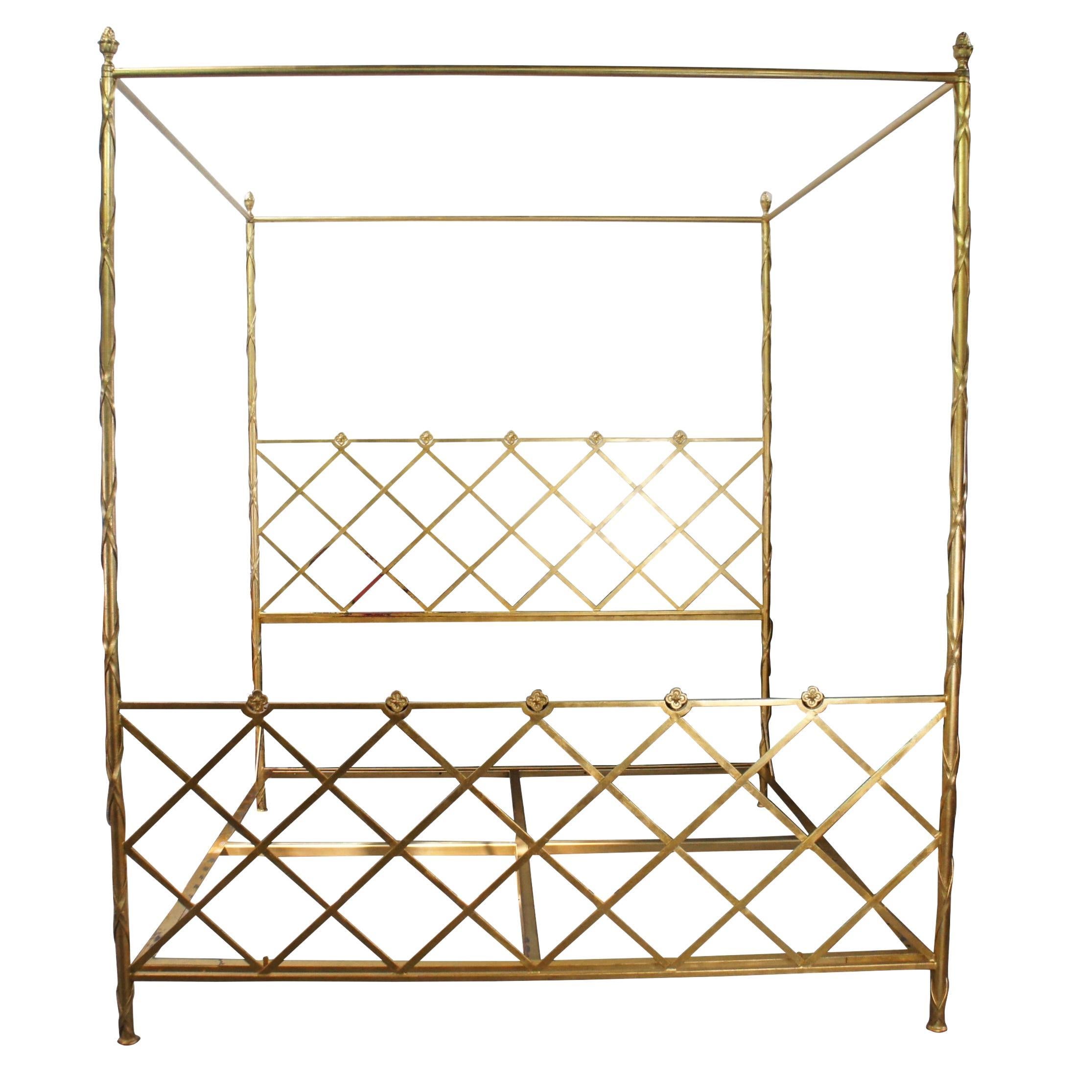 Vintage Neoclassical Modernity Gold Leaf King Size Poster Bed Lattice Tester Canopy