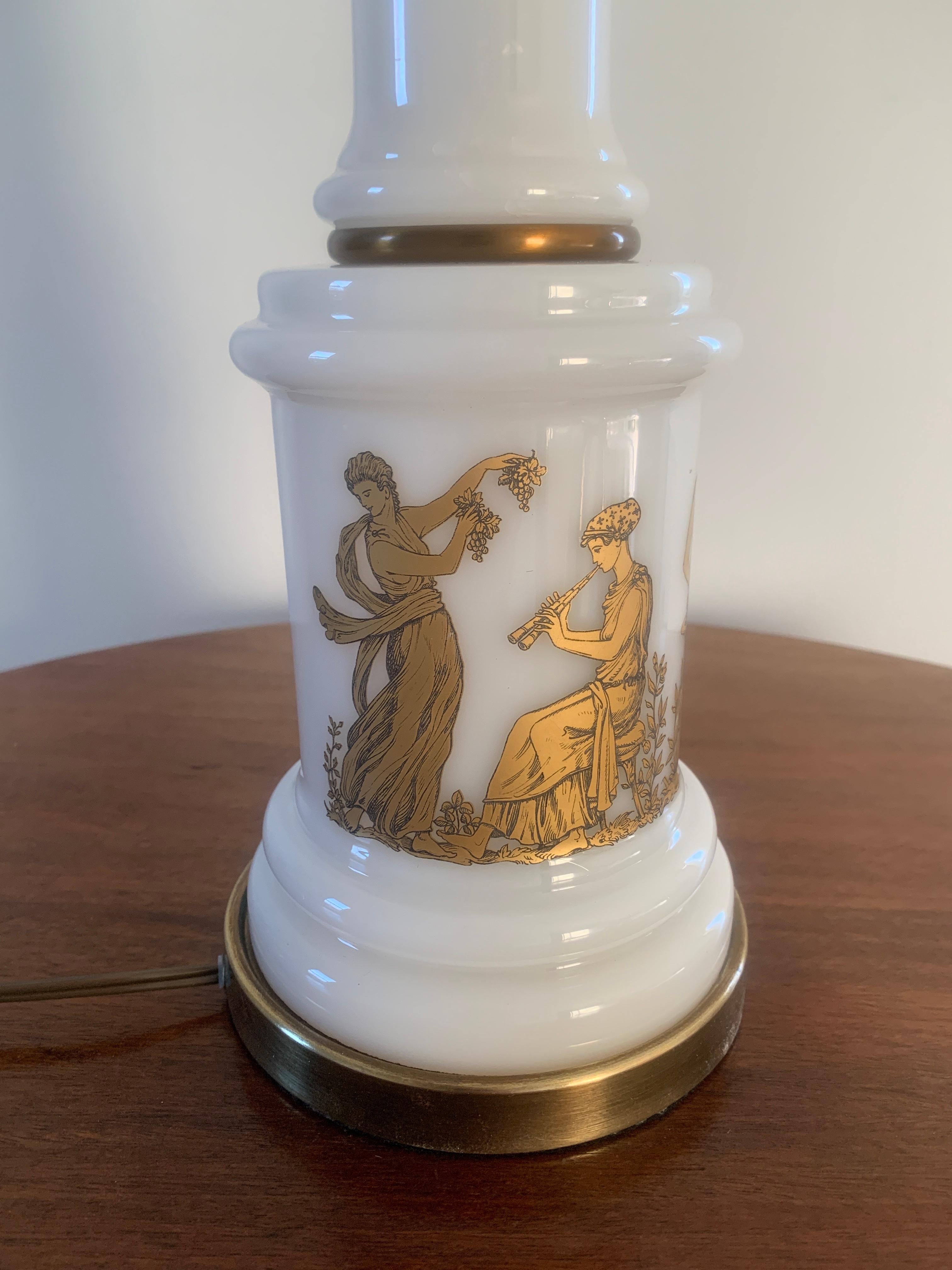 A stunning neoclassical style opaline table lamp featuring Greek figures dancing

USA, Circa 1960s

Measures: 5.75