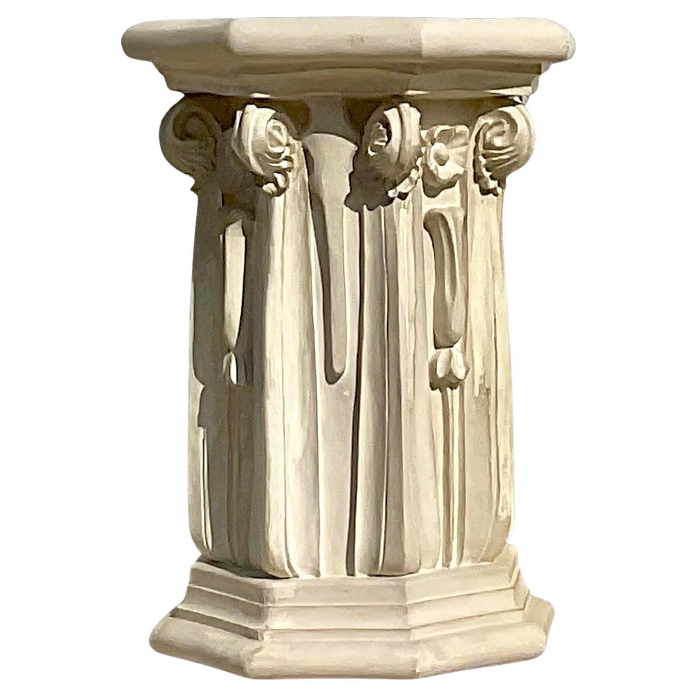 Vintage Neoclassical Ornate Plaster Pedestal For Sale