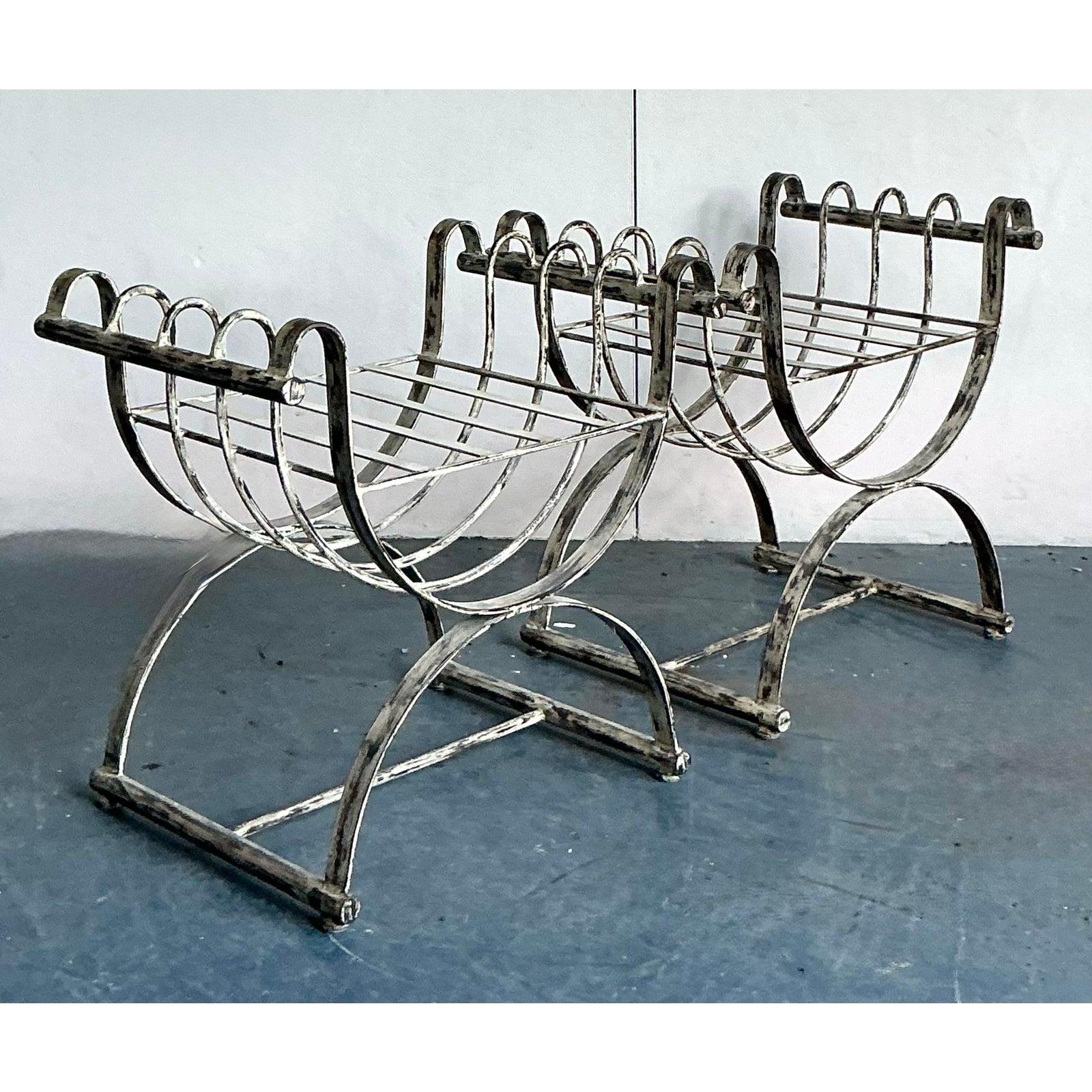 Vintage Neoclassical Patinated Curule Bench - A Pair en vente 3