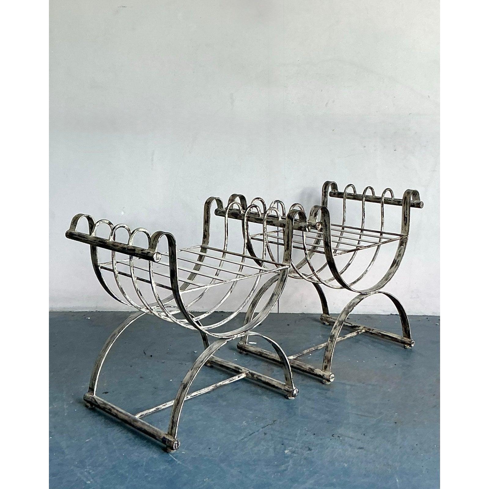 Vintage Neoclassical Patinated Curule Bench - A Pair en vente 5