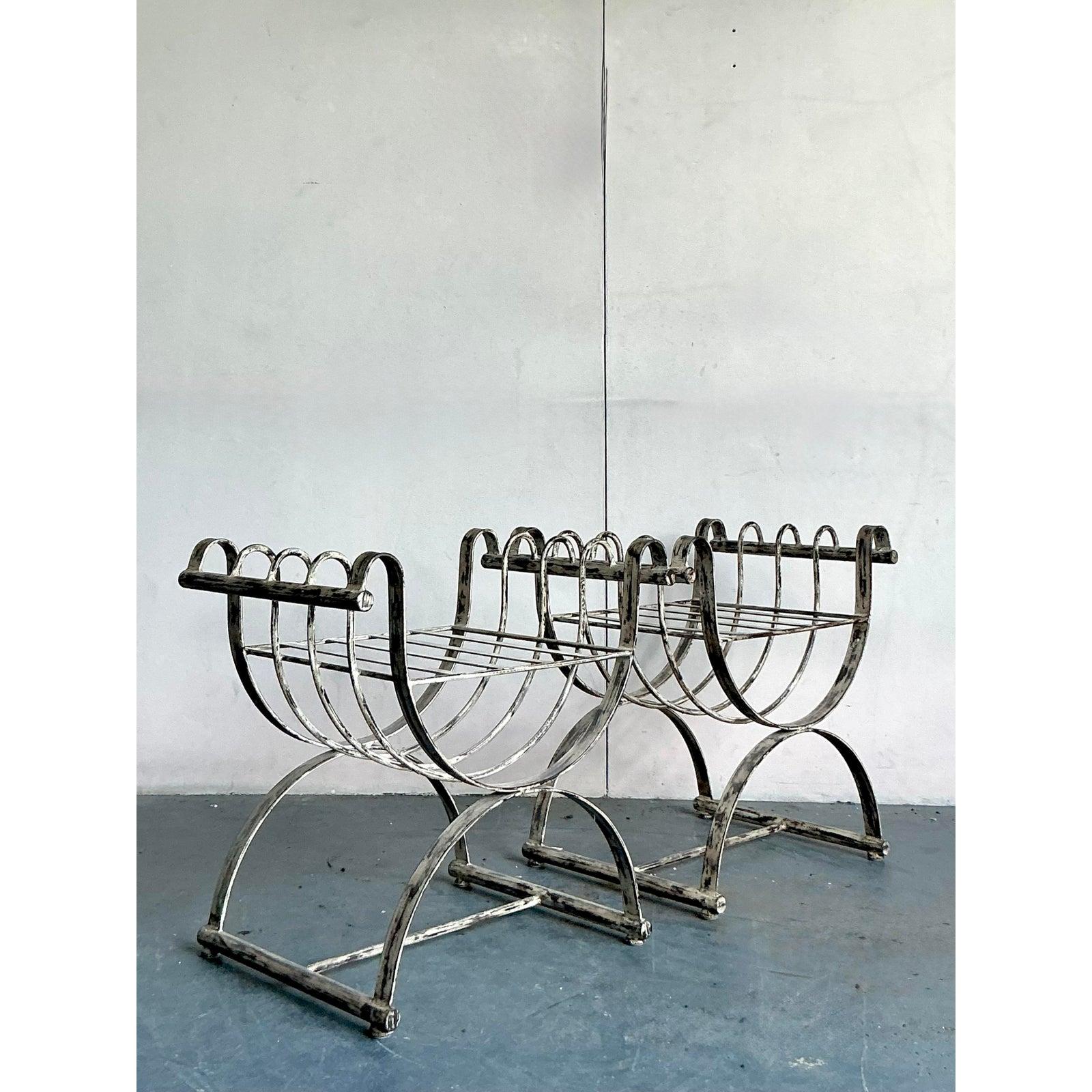 Vintage Neoclassical Patinated Curule Bench - A Pair en vente 2