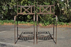 Vintage Neoclassical Regency Style Iron X-Form Stretcher Garden Armchairs, Pair