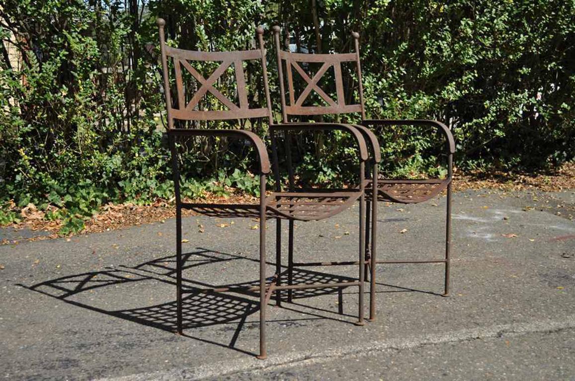 Hollywood Regency Vintage Neoclassical Regency Style Iron X-Form Stretcher Garden Armchairs, Pair For Sale