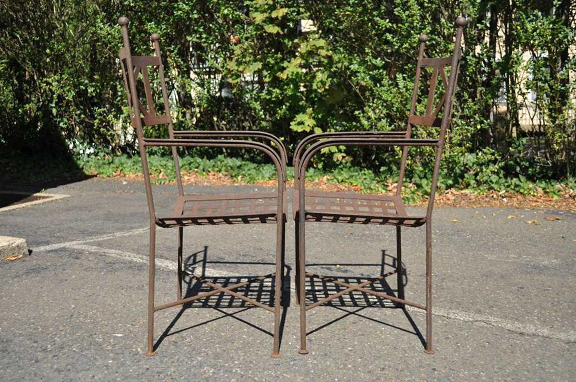 Vintage Neoclassical Regency Style Iron X-Form Stretcher Garden Armchairs, Pair In Good Condition For Sale In Philadelphia, PA