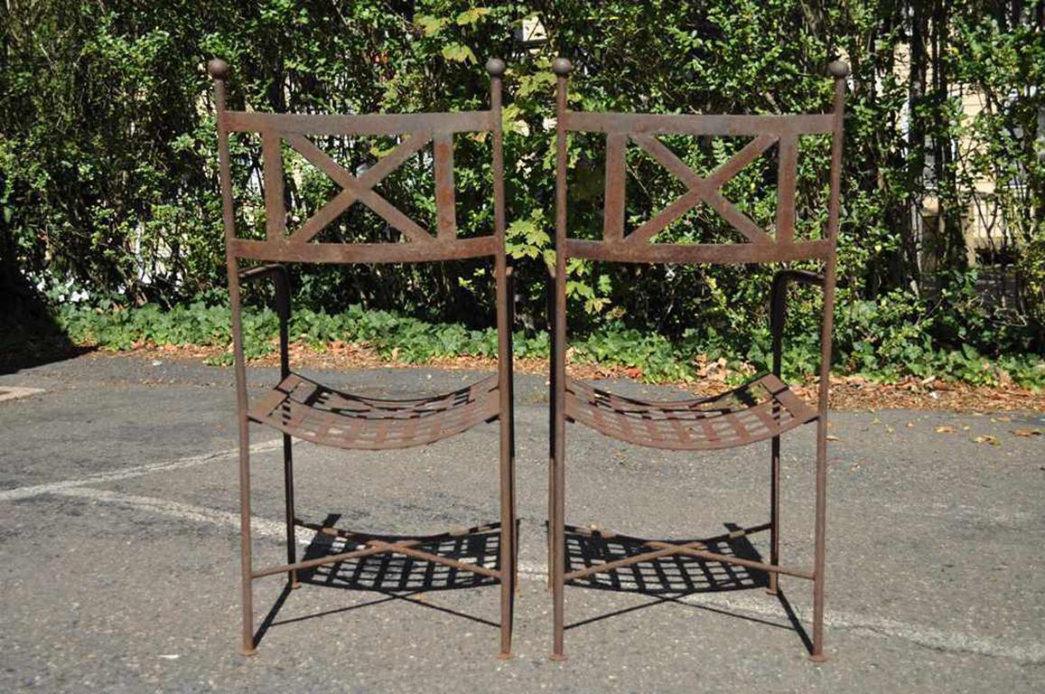 20th Century Vintage Neoclassical Regency Style Iron X-Form Stretcher Garden Armchairs, Pair For Sale