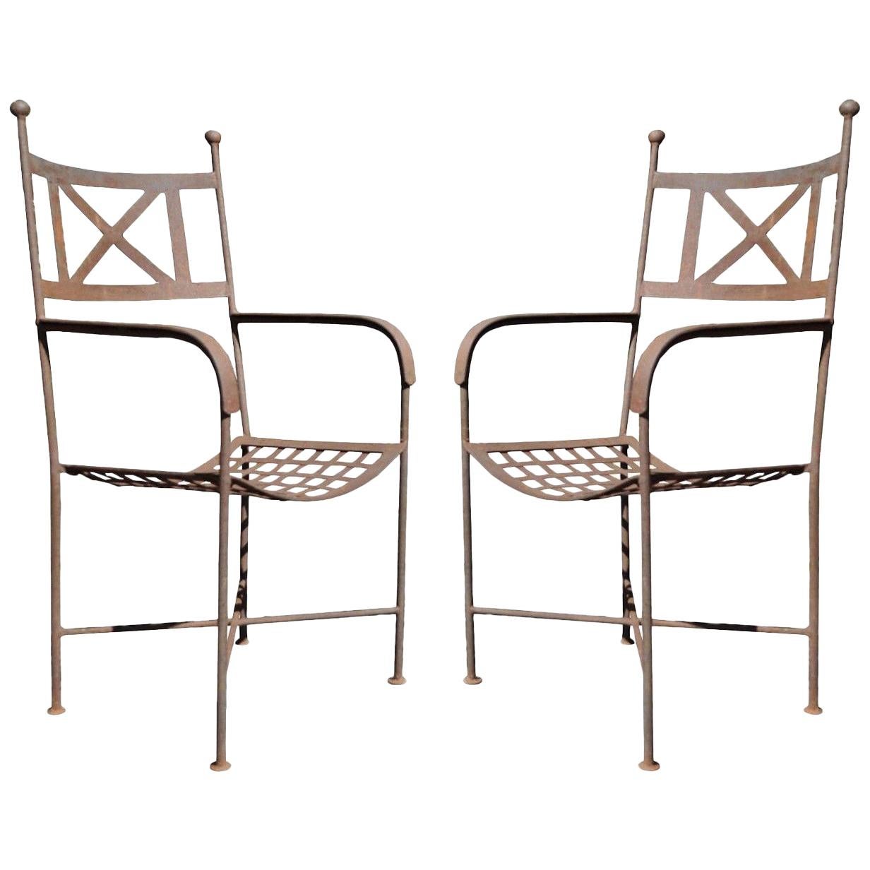 Vintage Neoclassical Regency Style Iron X-Form Stretcher Garden Armchairs, Pair For Sale