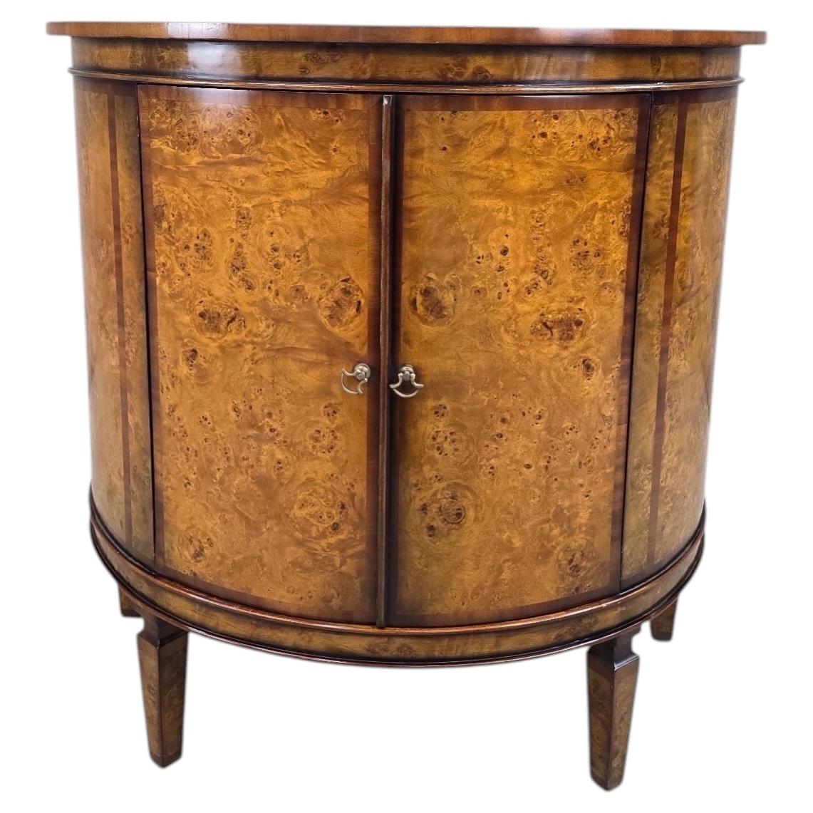 Vintage Neoclassical Regency Style Walnut Burl Demilune Cabinet