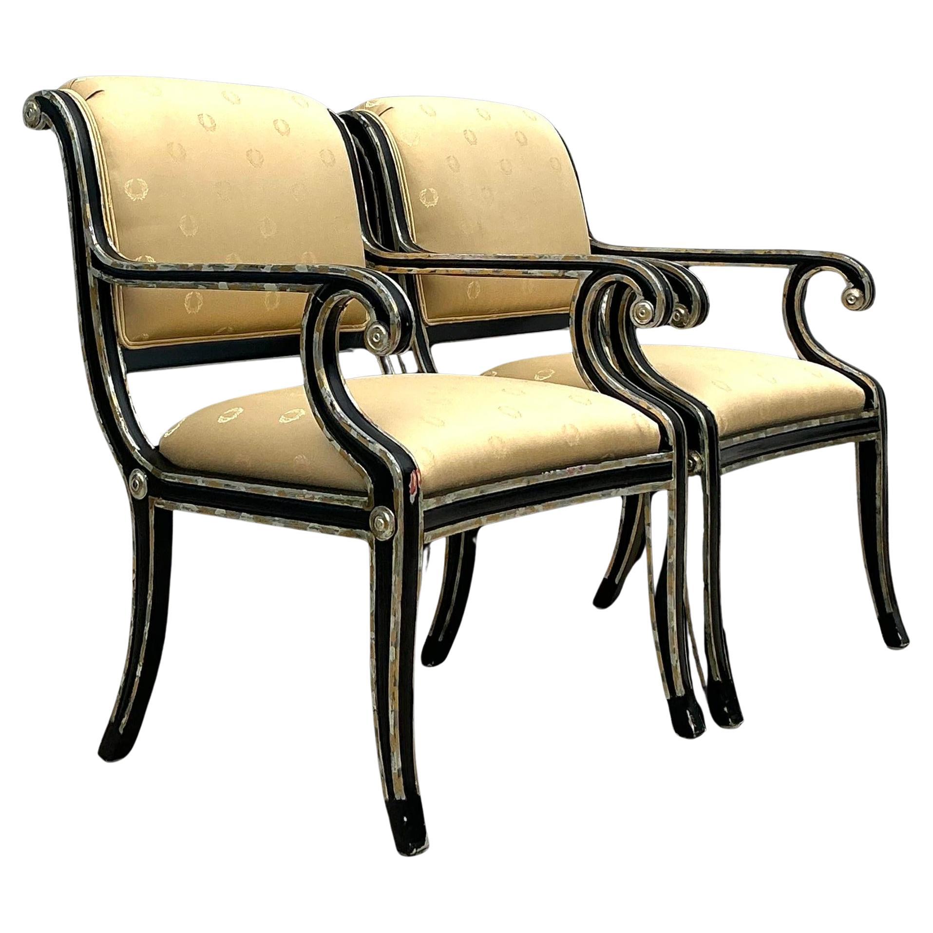 Vintage Neoclassical Sillver Gilt Tipped Lounge Chairs - a Pair