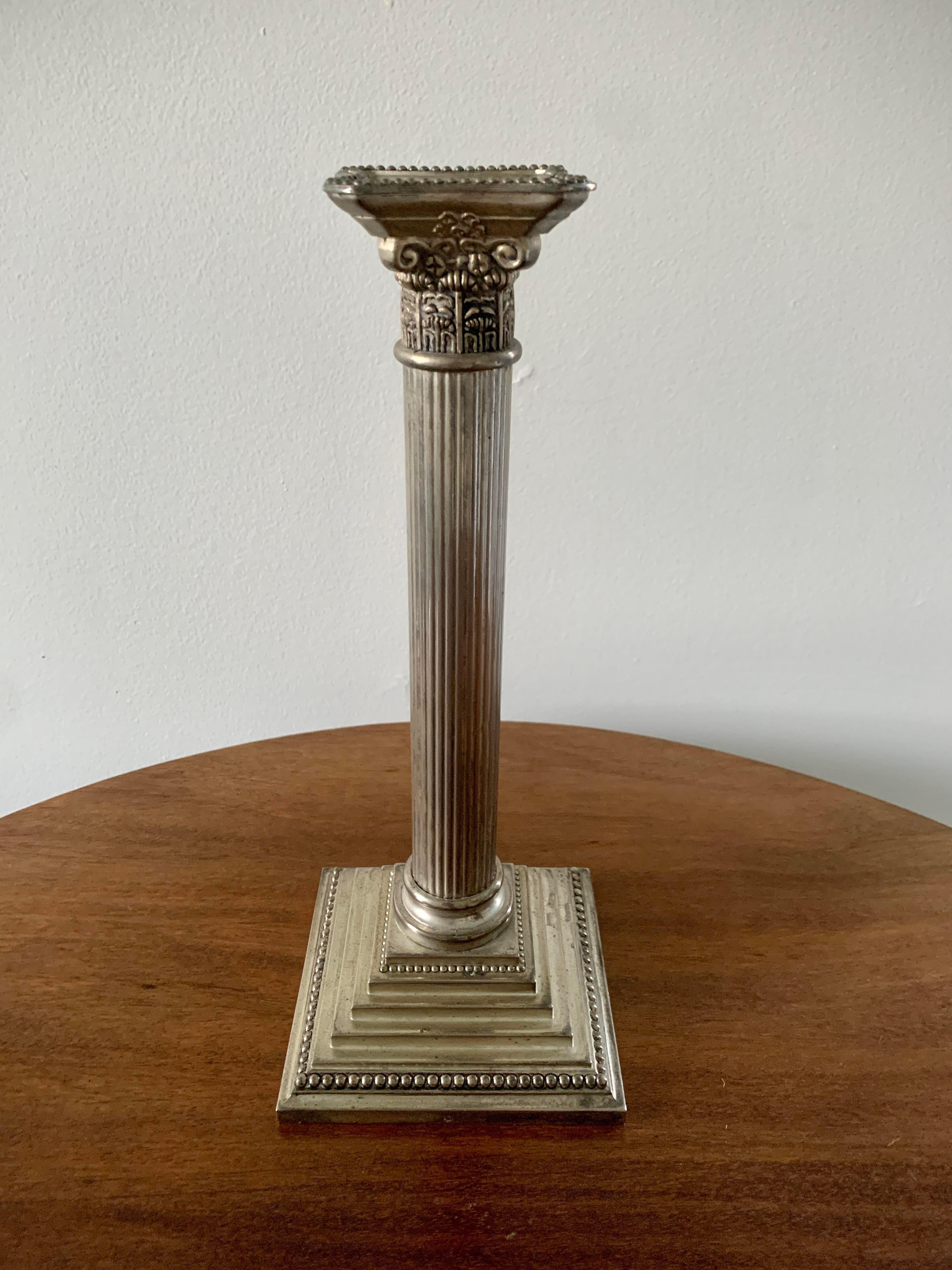 Silver Plate Vintage Neoclassical Silver Corinthian Column Candlestick