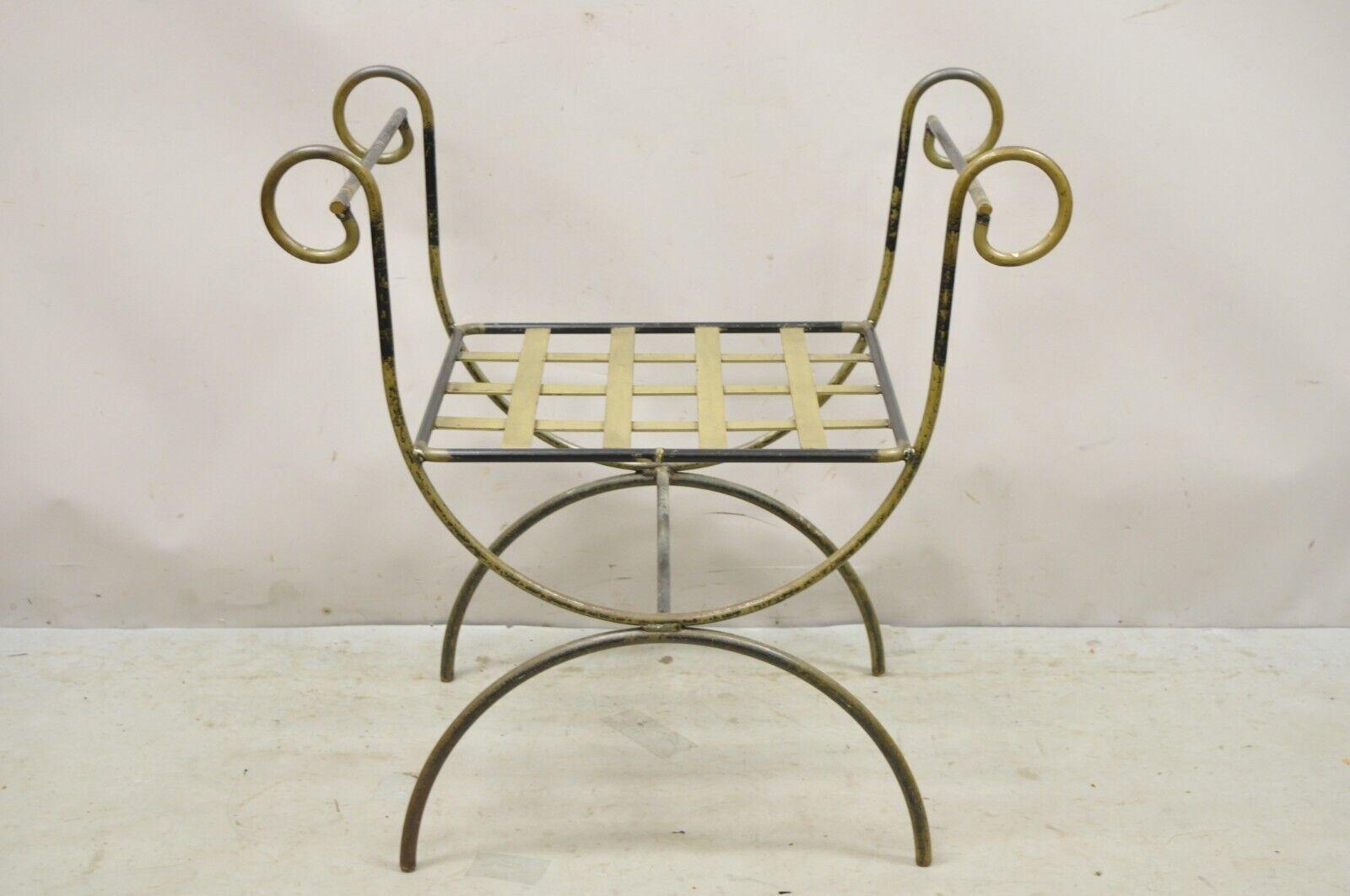 Vintage Neoclassical Style Curule Savonarola Wrought Iron Bench For Sale 6