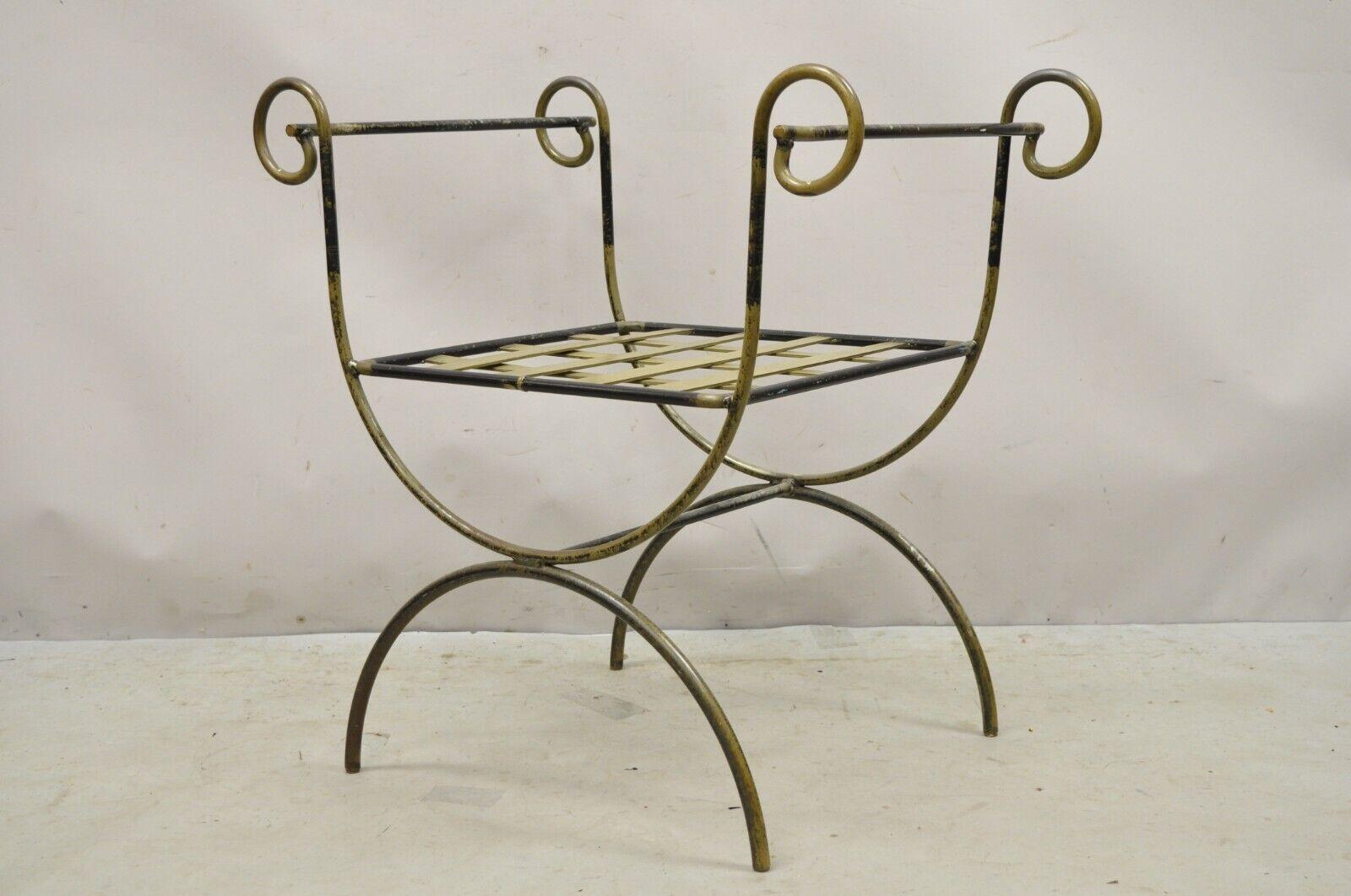 Vintage Neoclassical Style Curule Savonarola Wrought Iron Bench. Item features shapely curule/savonarola form base, wrought iron construction, distressed finish, very nice vintage item, quality craftsmanship, great style and form. circa late 20th