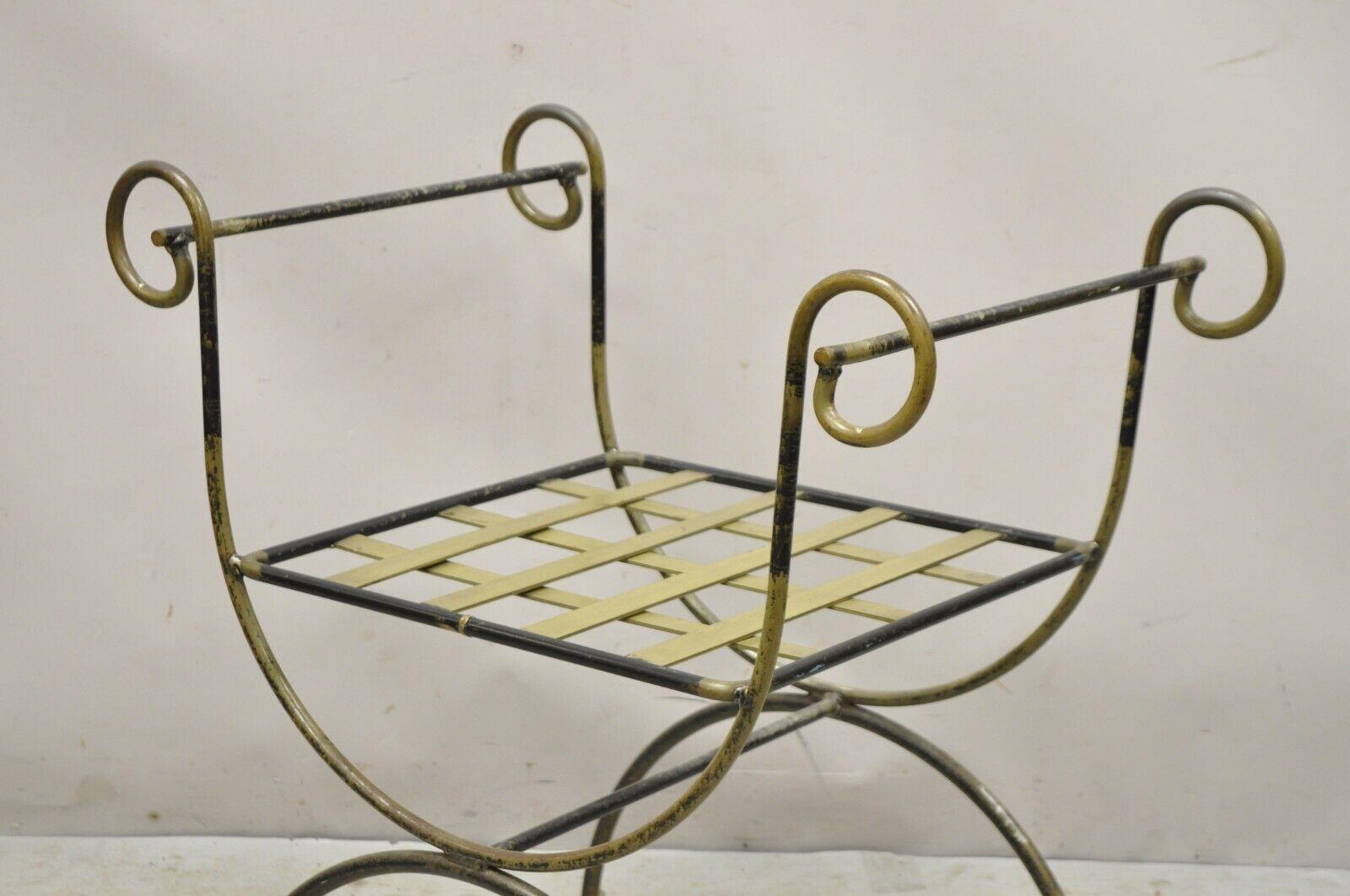 Vintage Neoclassical Style Curule Savonarola Wrought Iron Bench In Good Condition For Sale In Philadelphia, PA