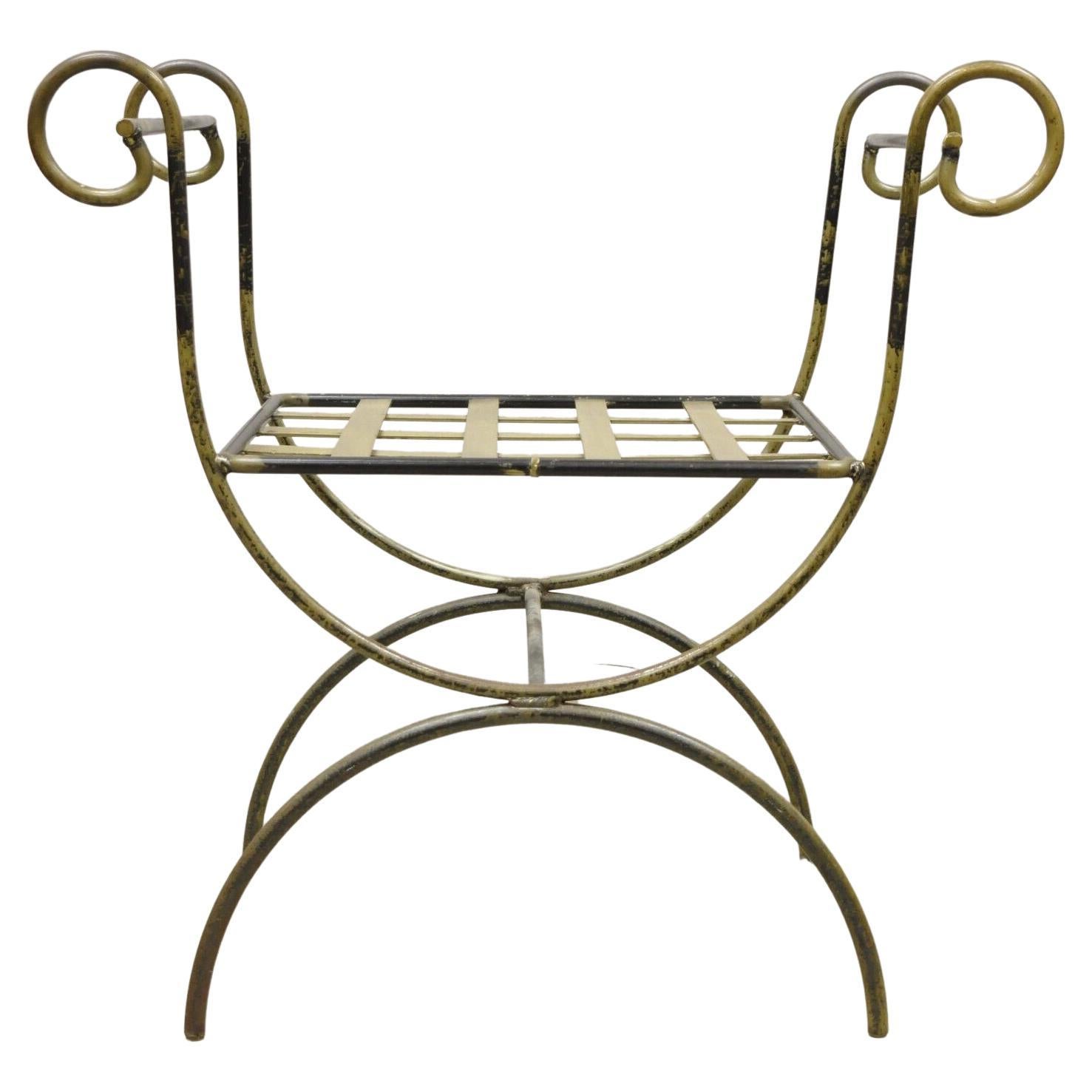 Vintage Neoclassical Style Curule Savonarola Wrought Iron Bench For Sale