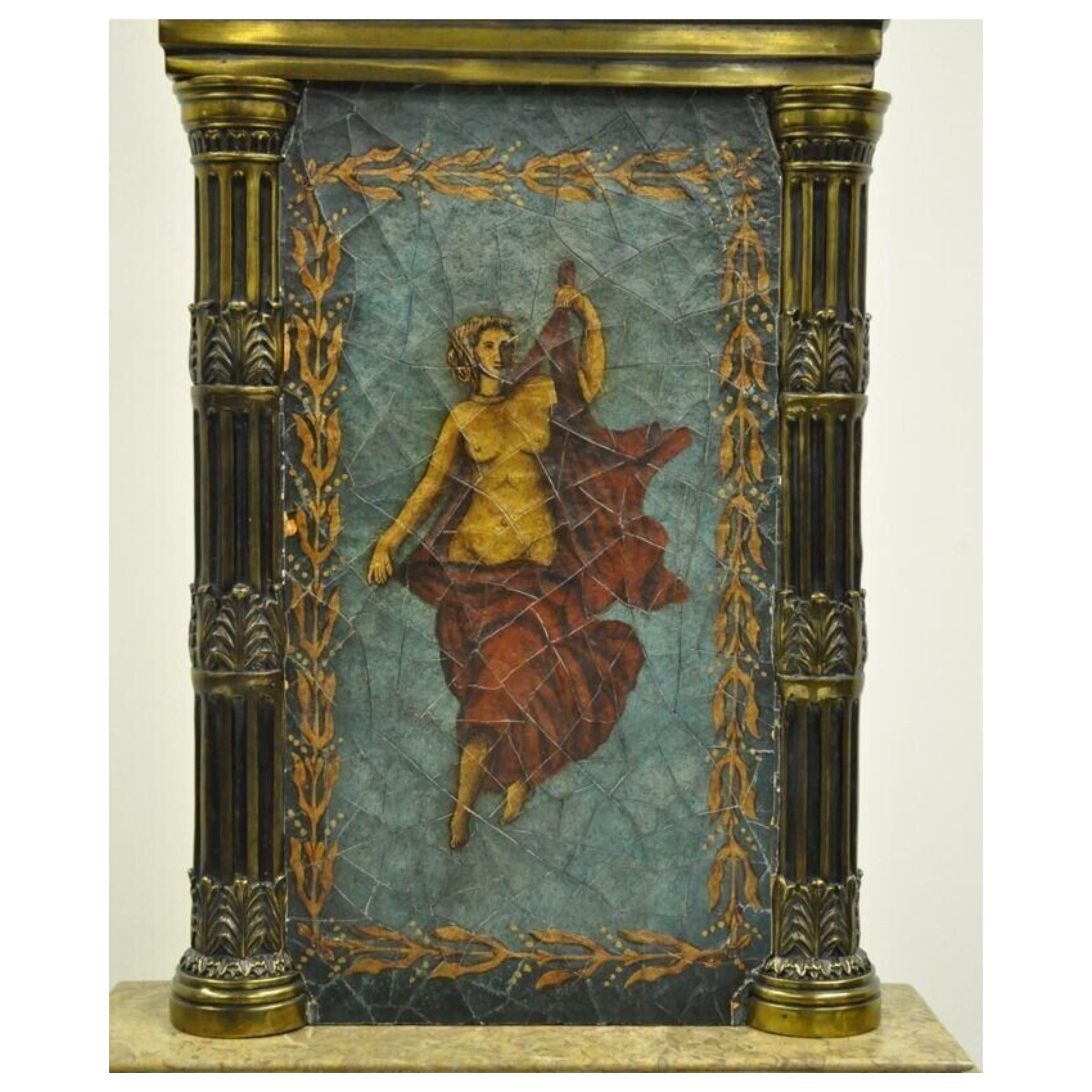Vintage Neoclassical Style Figural Painted Nude Woman Bronze Marble Table Lamp. Item features a beautiful painted female figure and details, distressed finish, marble step-form base, bronze finish capitol and column-form sides, very nice vintage