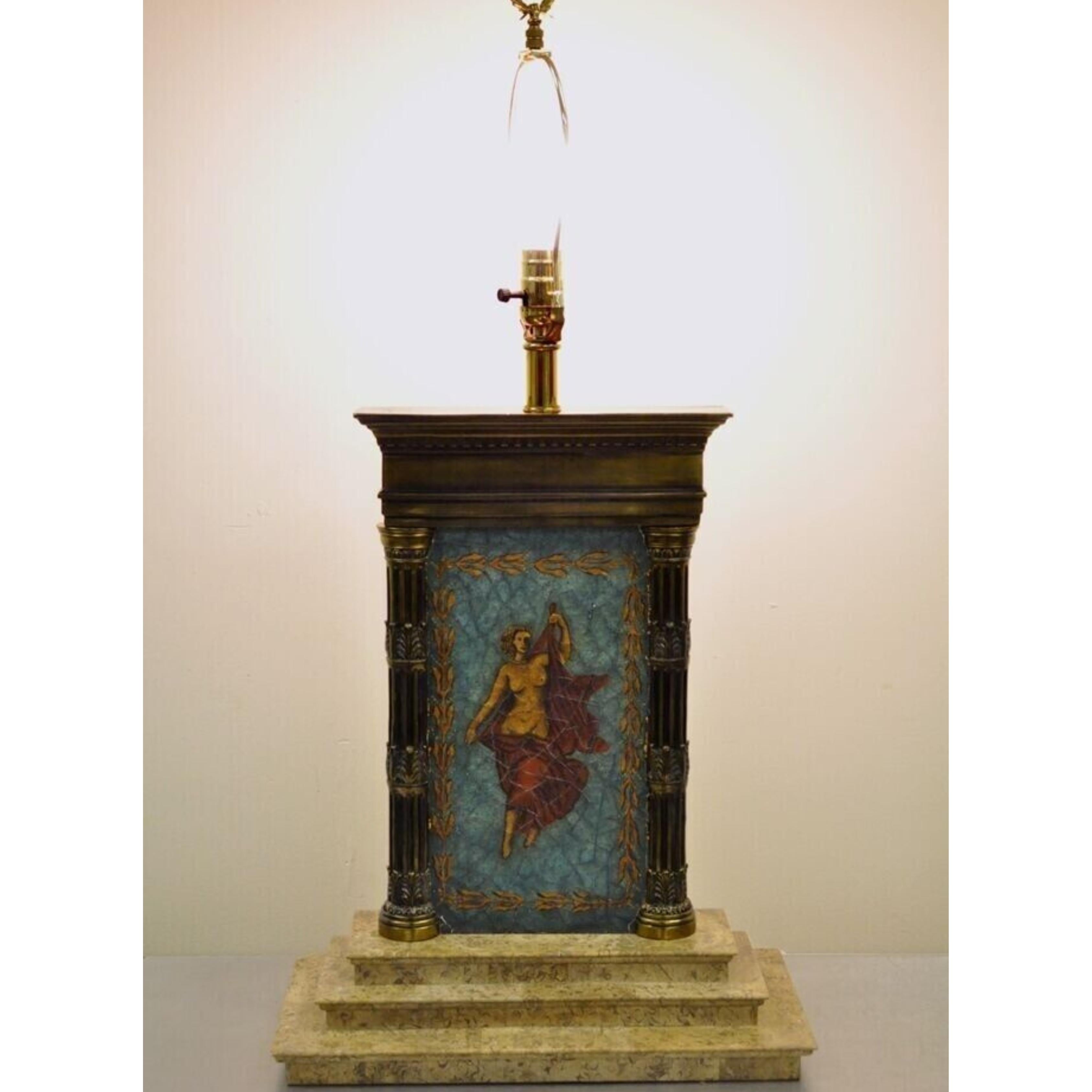 Vintage Neoclassical Style Figural Painted Nude Woman Bronze Marble Table Lamp For Sale 3