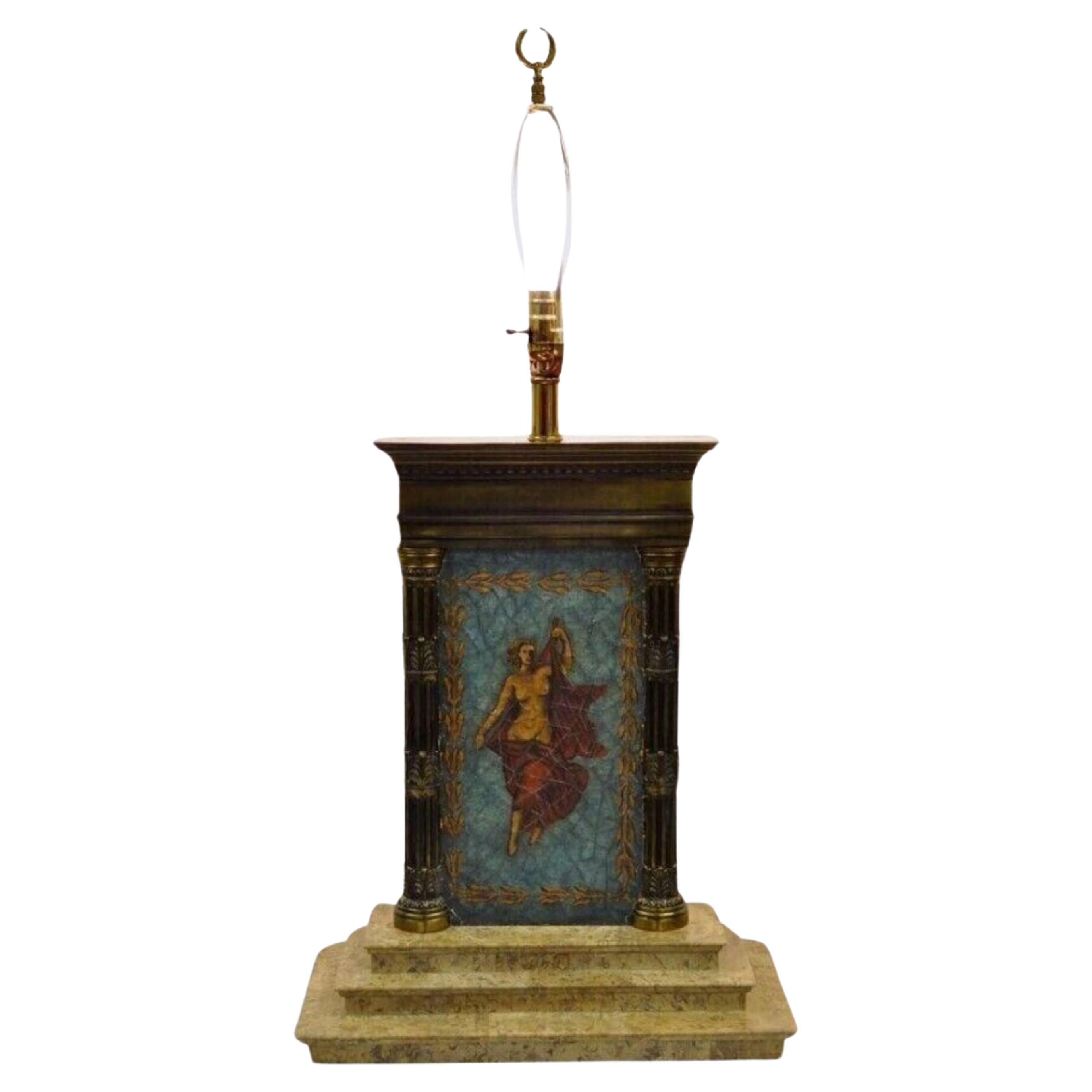 Vintage Neoclassical Style Figural Painted Nude Woman Bronze Marble Table Lamp For Sale