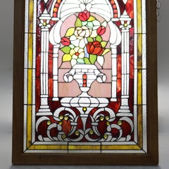 Vintage Neoclassical Style Floral Stained & Jeweled Glass Window 20thC