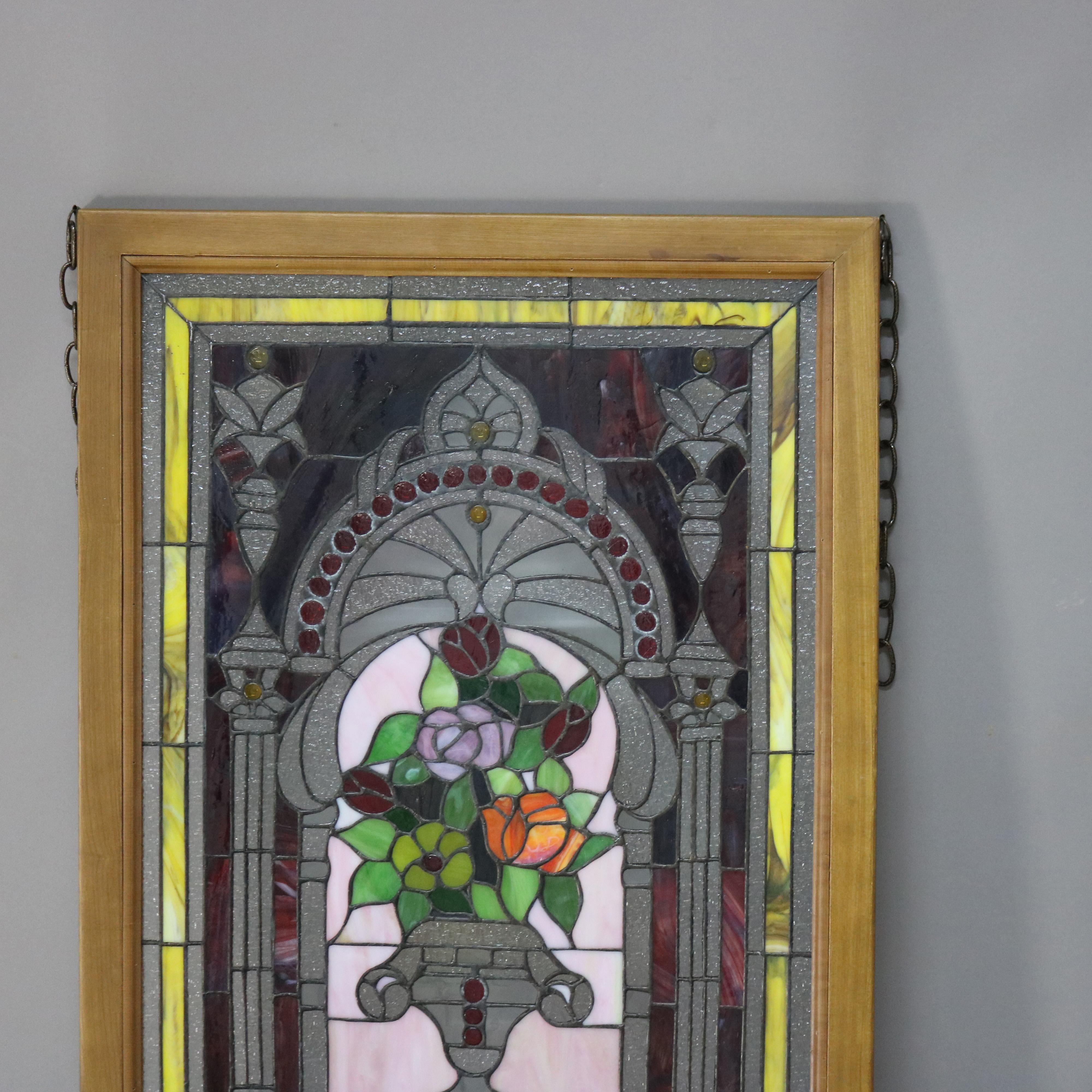 Vitrail à motifs floraux et verre orné de bijoux de style néoclassique du 20e siècle en vente 1