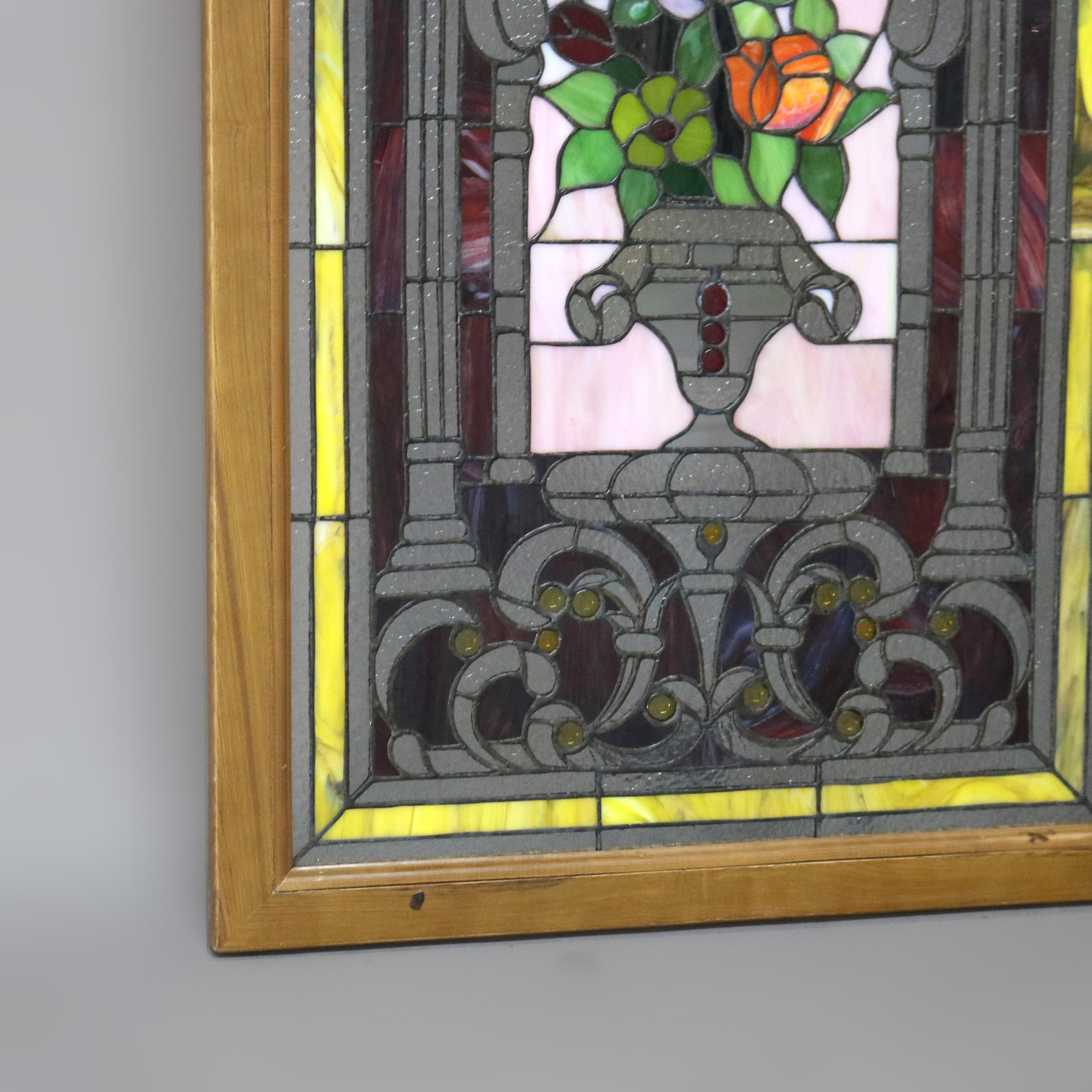 Vitrail à motifs floraux et verre orné de bijoux de style néoclassique du 20e siècle en vente 3