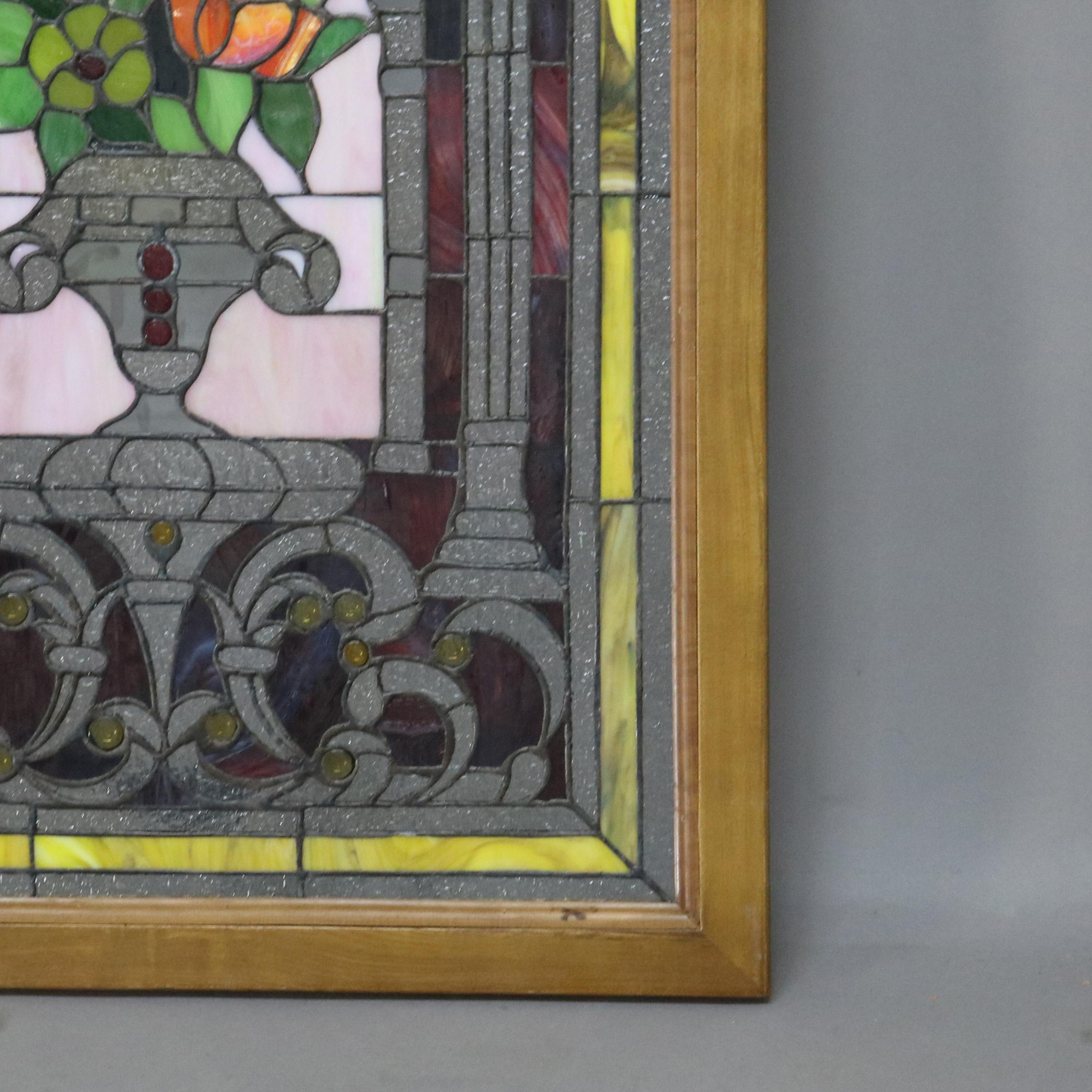 Vitrail à motifs floraux et verre orné de bijoux de style néoclassique du 20e siècle en vente 4