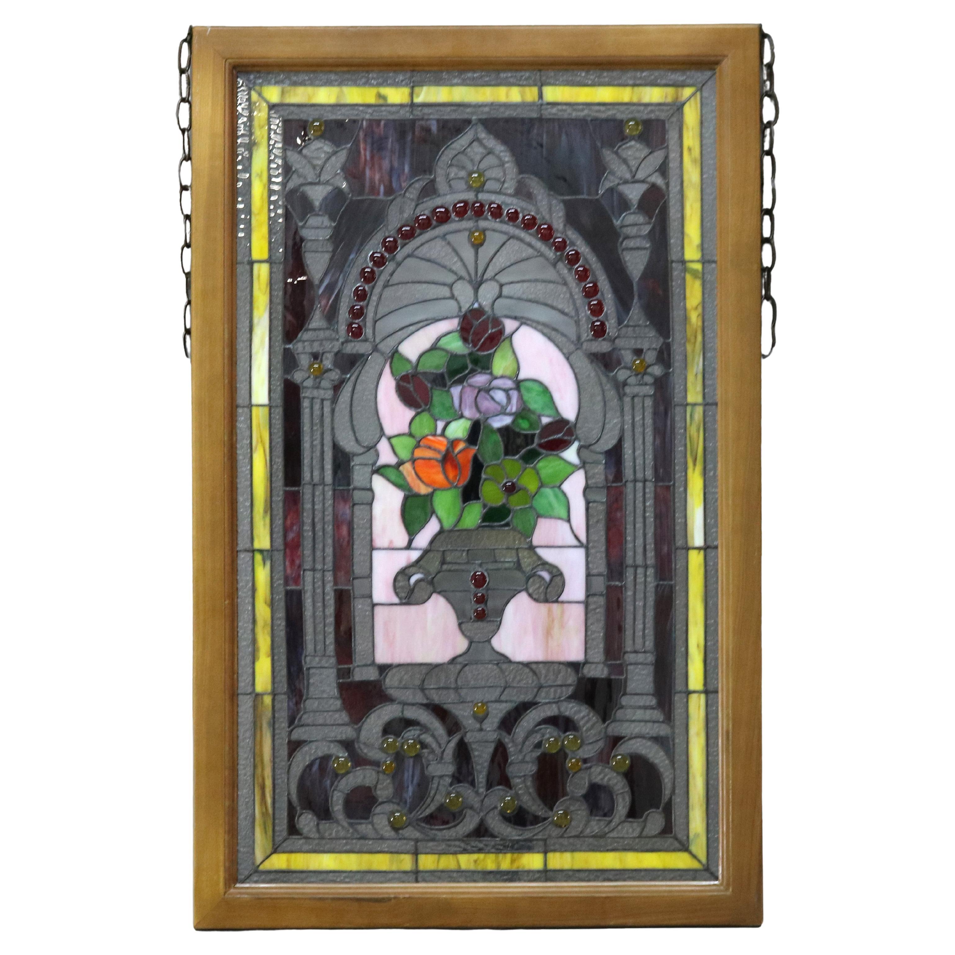 Vitrail à motifs floraux et verre orné de bijoux de style néoclassique du 20e siècle en vente
