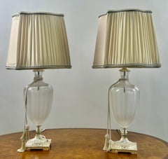 Vintage Neoclassical Style Frosted Glass Urn Table Lamps, Silver Base, a Pair