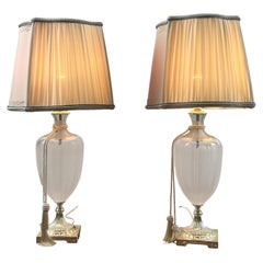 Vintage Neoclassical Style Frosted Glass Urn Table Lamps, Silver Base, a Pair