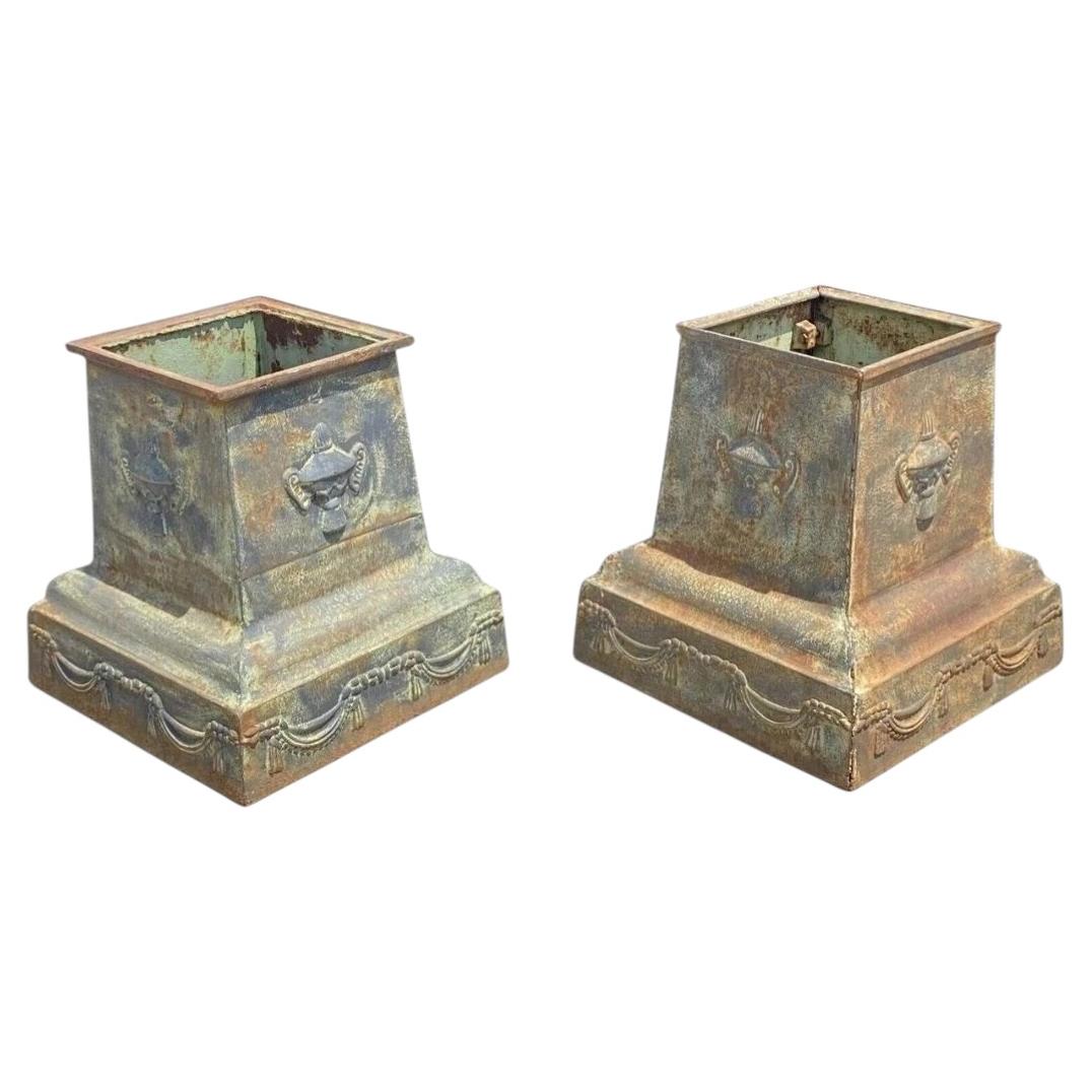 Vintage Neoclassical Style Green Cast Iron Garden Planter Urn Pedestal Base Pair