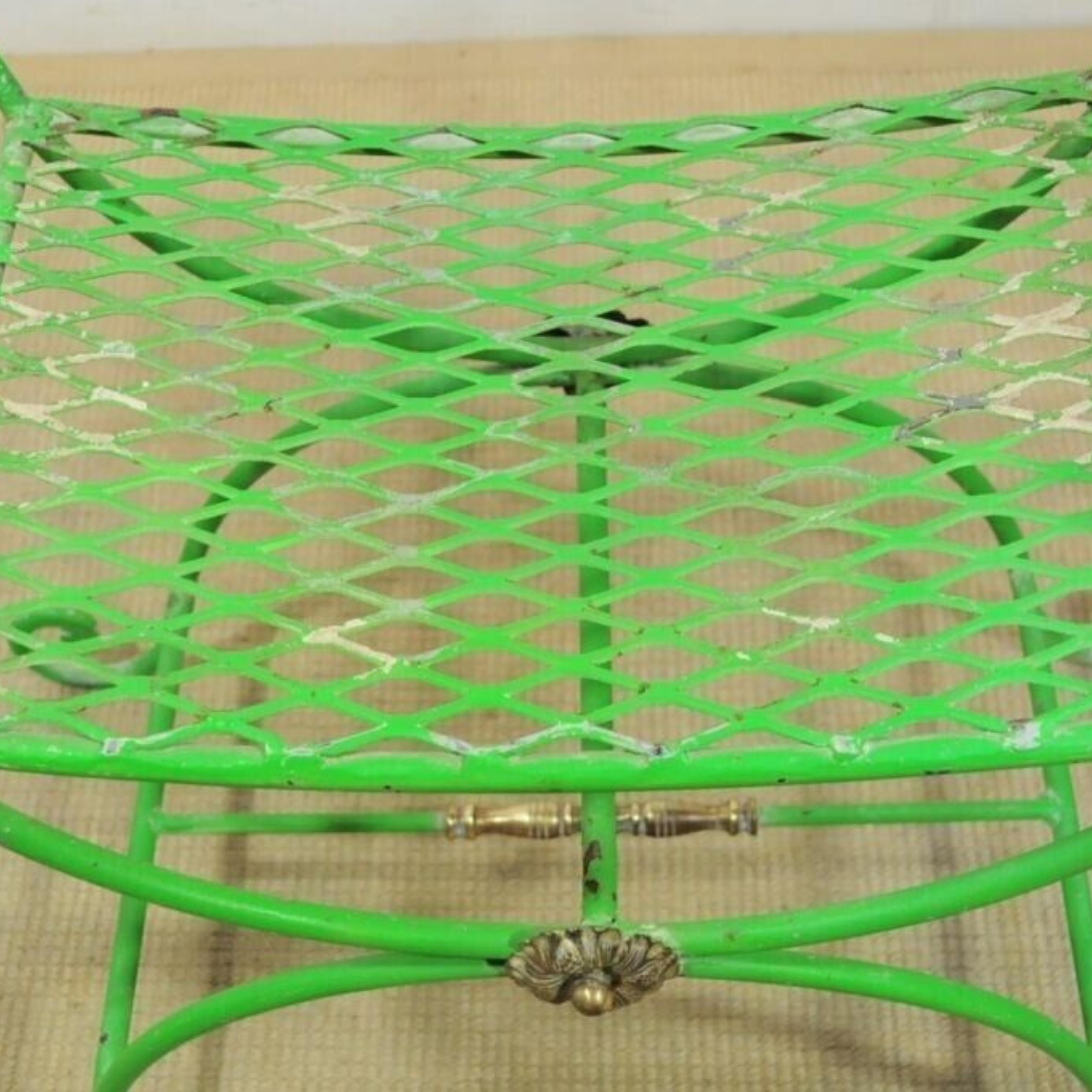 Vintage Neoclassical Style Green Painted Wrought Iron Brass Curule X Bench Stool For Sale 2