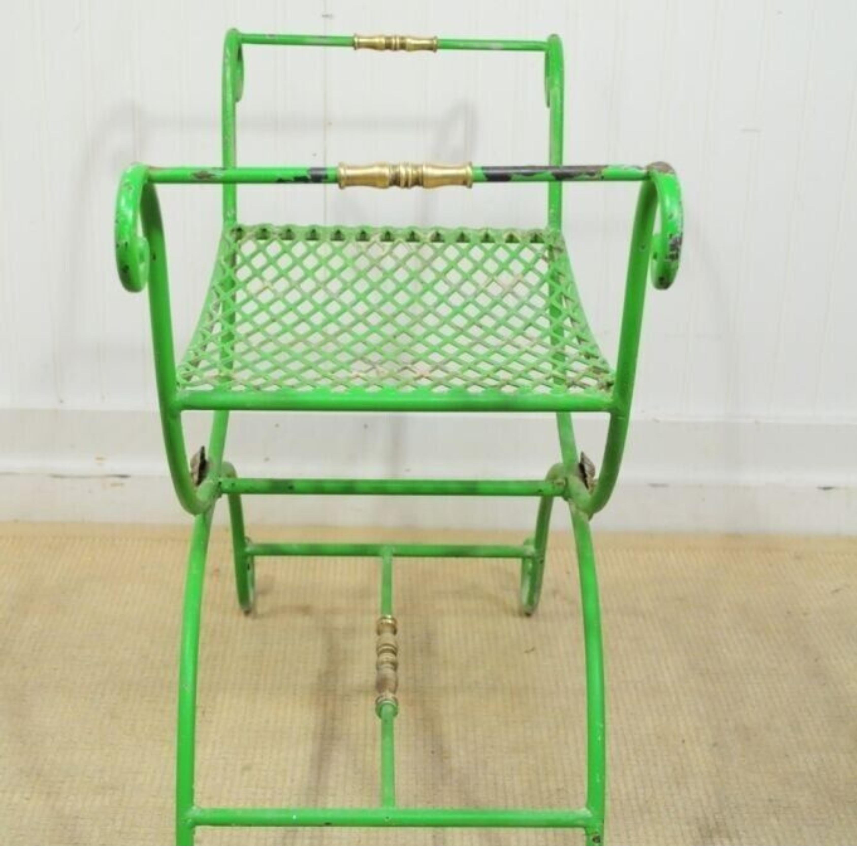 Vintage Neoclassical Style Green Painted Wrought Iron Brass Curule X Bench Stool For Sale 5
