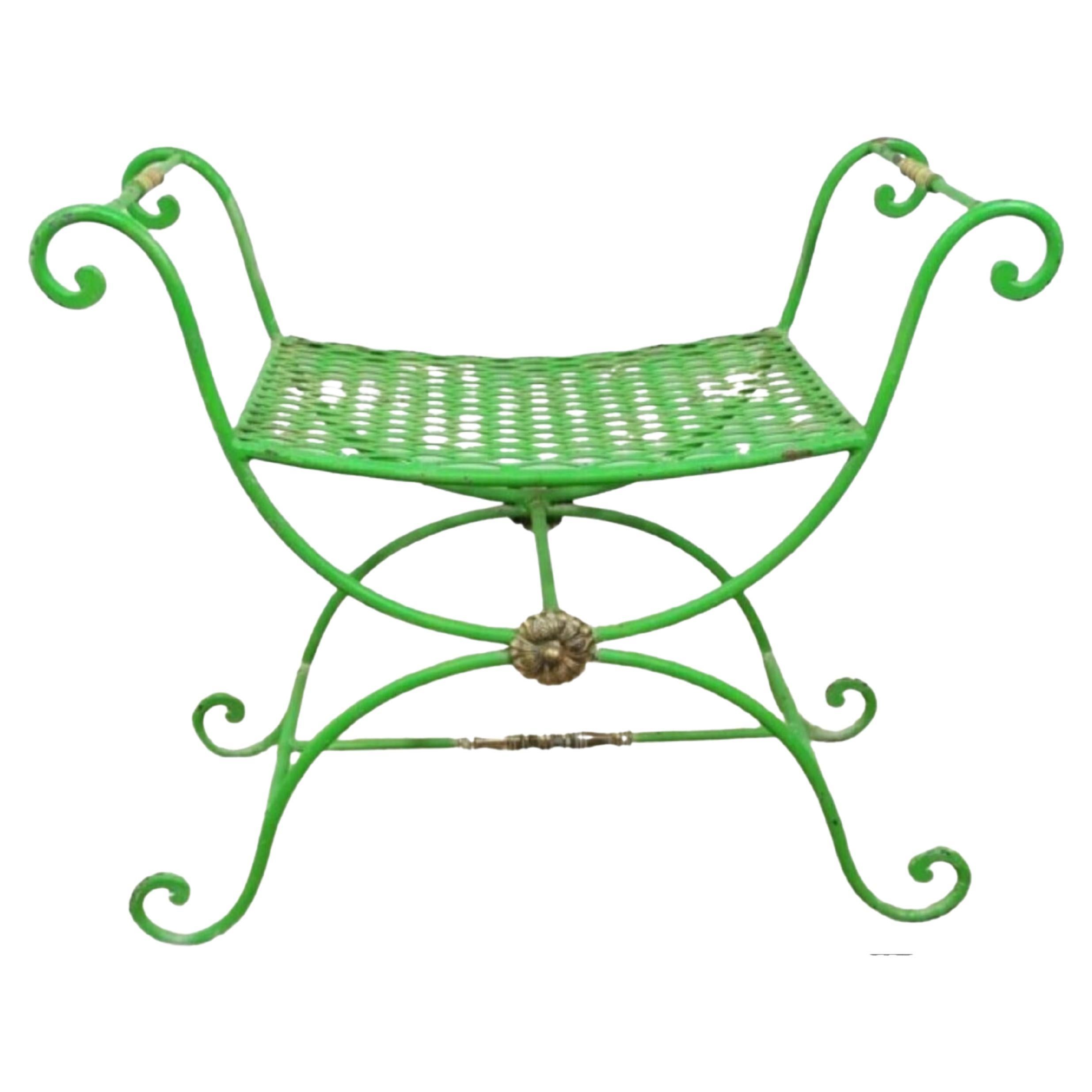 Vintage Neoclassical Style Green Painted Wrought Iron Brass Curule X Bench Stool For Sale