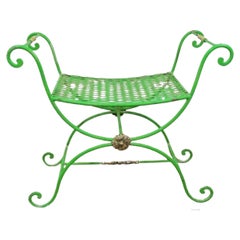 Antique Neoclassical Style Green Painted Wrought Iron Brass Curule X Bench Stool