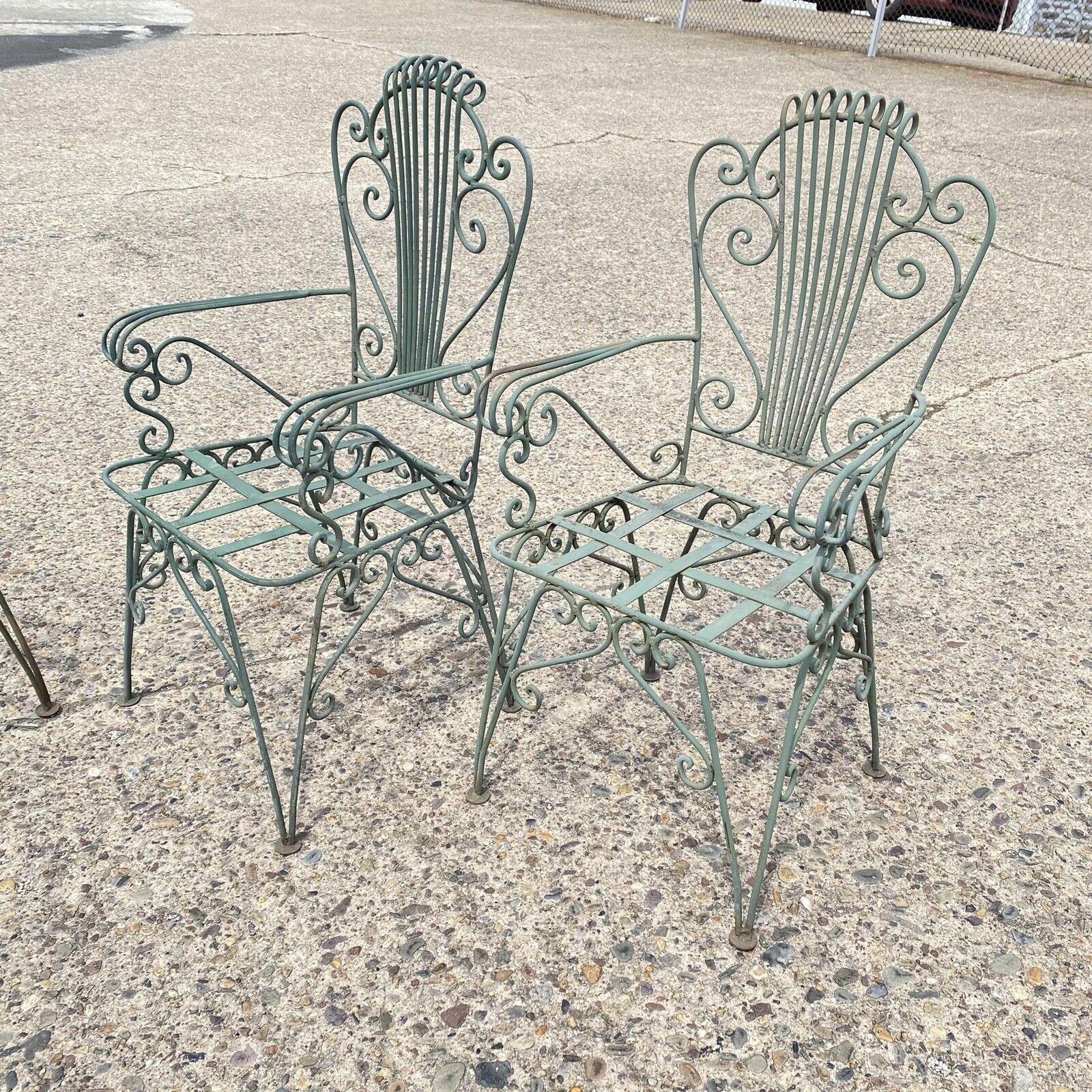 Vintage Neoclassical Style Green Wrought Iron Lyre Harp Garden Chairs - Set of 4 For Sale 7