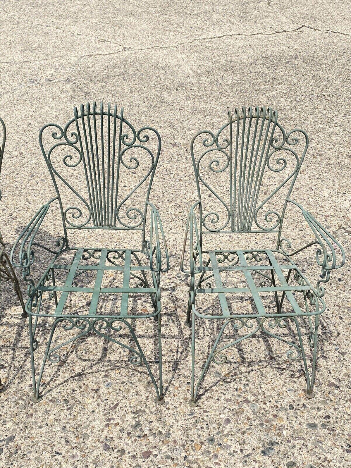 Vintage Neoclassical Style Green Wrought Iron Lyre Harp Garden Chairs - Set of 4 In Good Condition For Sale In Philadelphia, PA