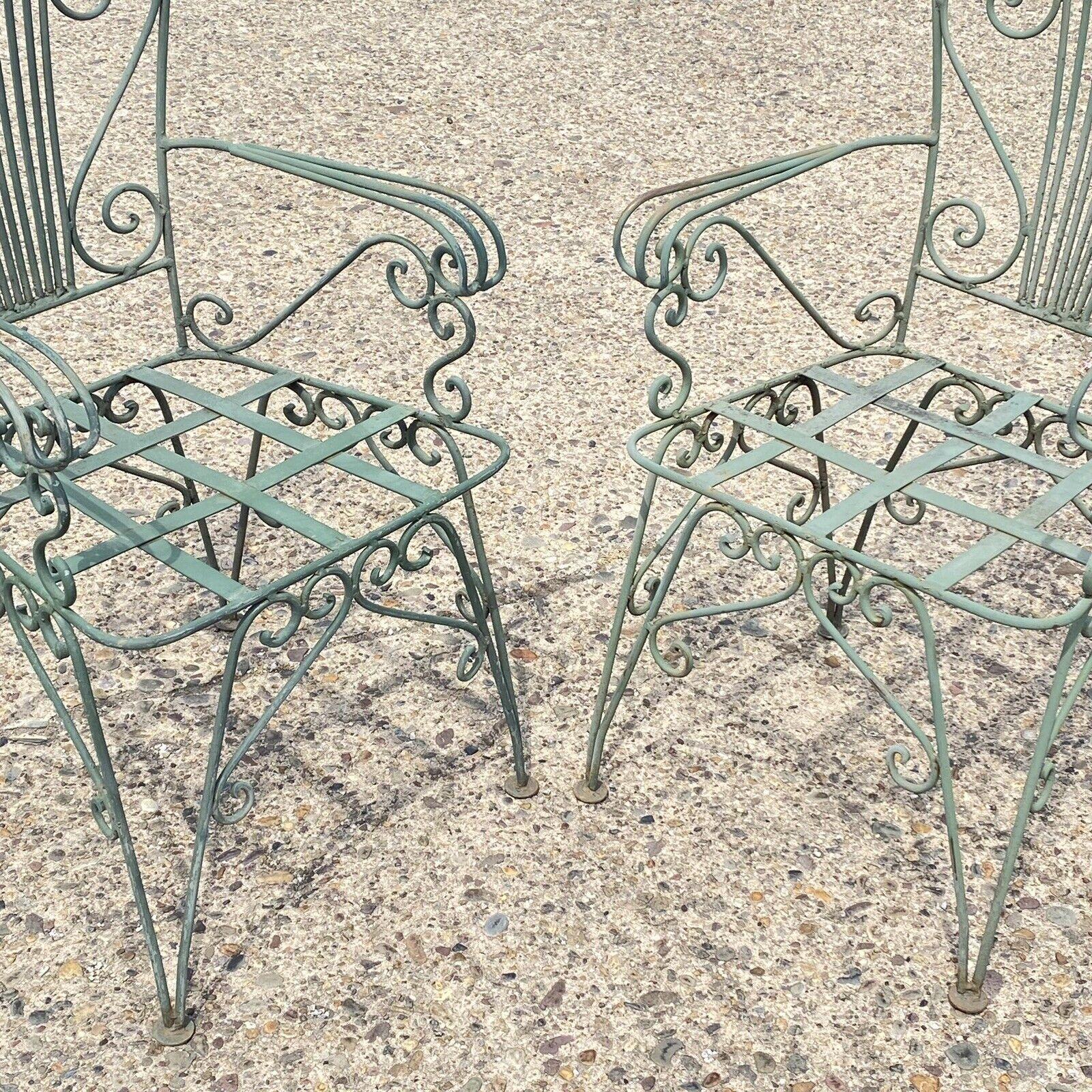 20th Century Vintage Neoclassical Style Green Wrought Iron Lyre Harp Garden Chairs - Set of 4 For Sale