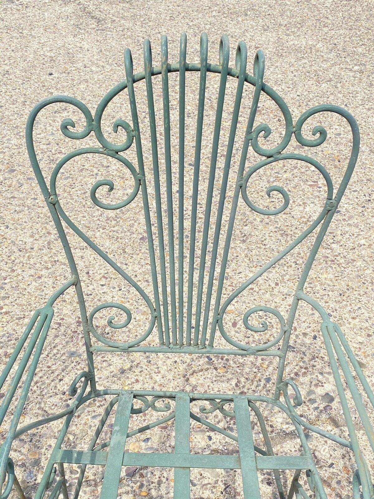 Vintage Neoclassical Style Green Wrought Iron Lyre Harp Garden Chairs - Set of 4 For Sale 1