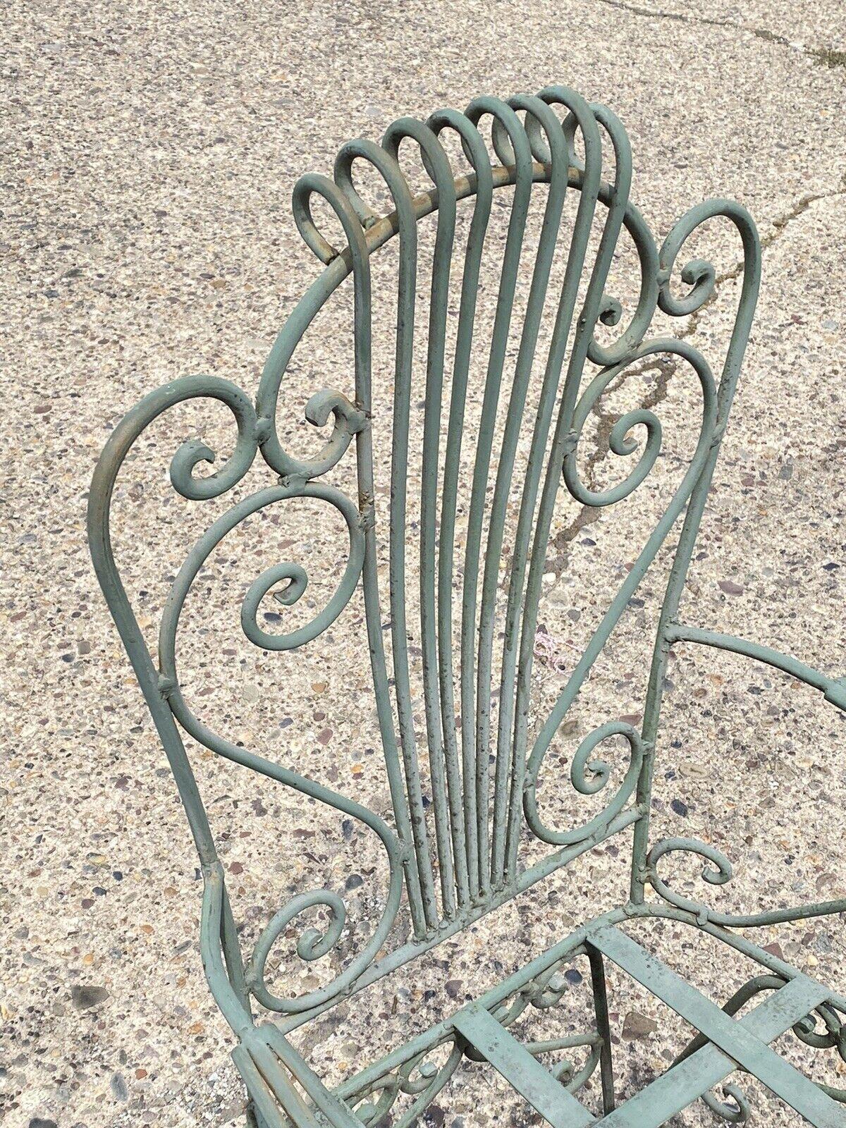 Vintage Neoclassical Style Green Wrought Iron Lyre Harp Garden Chairs - Set of 4 For Sale 2