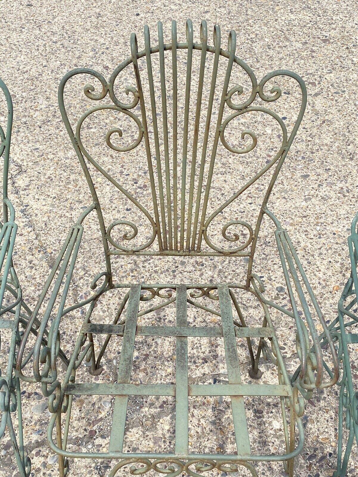 Vintage Neoclassical Style Green Wrought Iron Lyre Harp Garden Chairs - Set of 4 For Sale 3