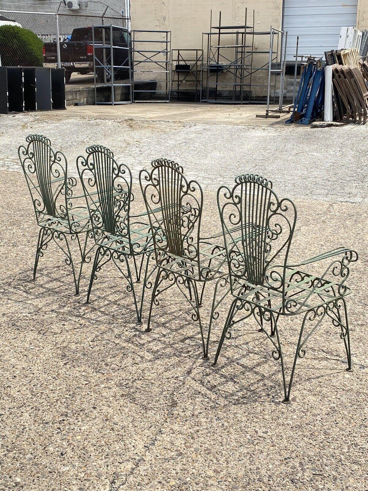 Vintage Neoclassical Style Green Wrought Iron Lyre Harp Garden Chairs - Set of 4 For Sale 4