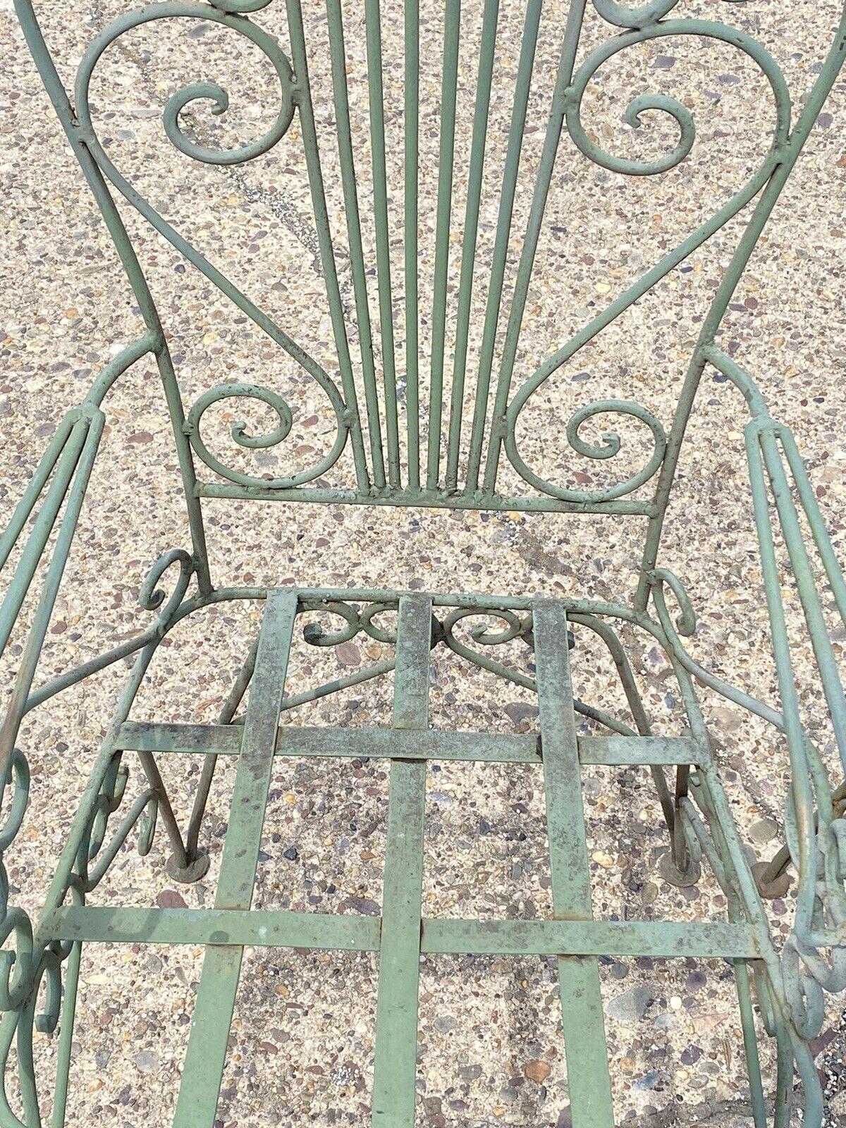 Vintage Neoclassical Style Green Wrought Iron Lyre Harp Garden Chairs - Set of 4 For Sale 5