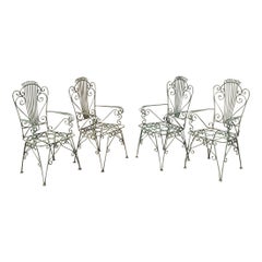 Vintage Neoclassical Style Green Wrought Iron Lyre Harp Garden Chairs - Set of 4